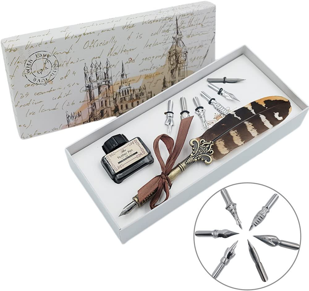 Feather Quill Pen Set Dip Pen with Ink and 6Pcs Stainless Steel Nibs Calligraphy Pen in Gift Box HO-Q-300 image number 2