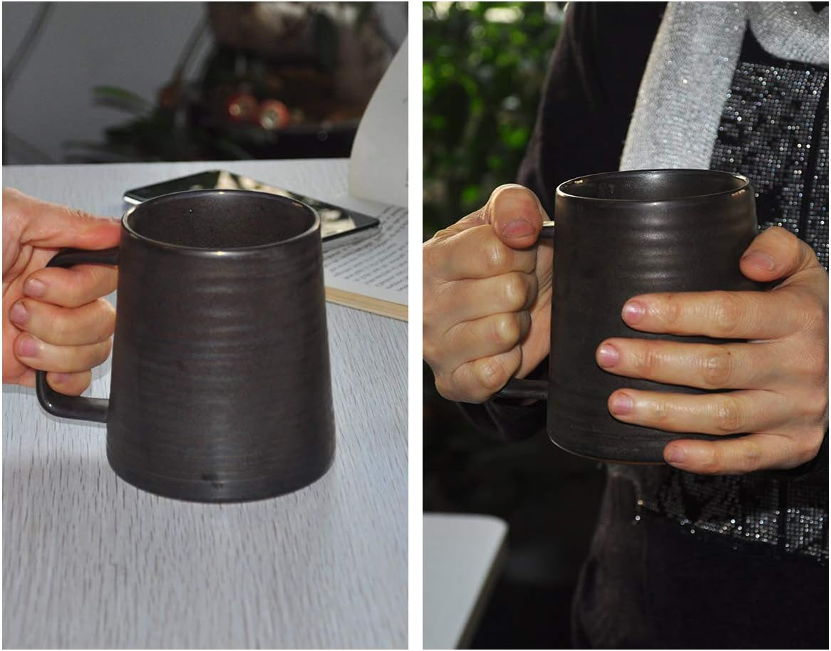 Globe Faith Large Handmade Pottery Coffee Mug, Unique Metallic Glazed Ceramic Drinking Cup Coffee Cup with Big Handle for Home, Office or Gifts, Microwaveable, Annular Texture 16 Oz image number 4
