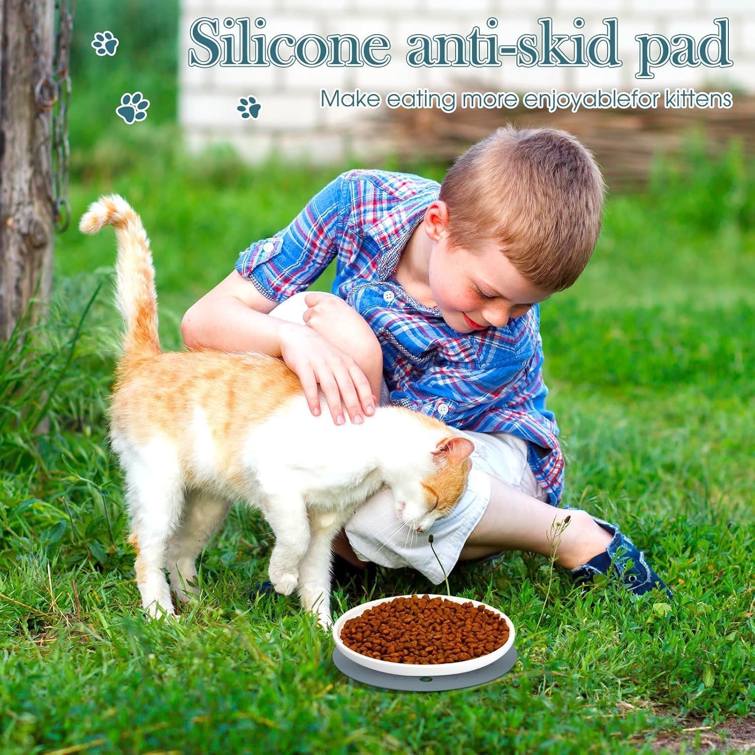 Blulu 4 Ceramic Cat Bowls with 4 Non-Slip Silicone Mats Flat Cat Feeding Bowls to Relieve Whisker Fatigue Cat Food Plate for Kittens Small Pets Water Wet Food image number 4