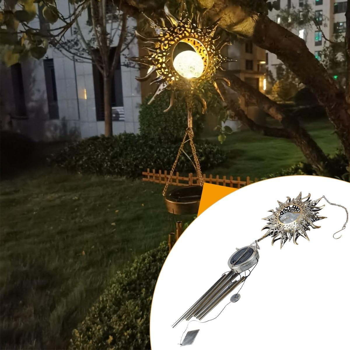 Ausi Sun Moon Solar Wind Spinner Light - Outdoor Garden Night Wind Bell Waterproof Chime Ambient Light Lamp - Lamp for Patio, Deck, Lawn, Yard, Patio, Deck, Garden (Sun) image number 6