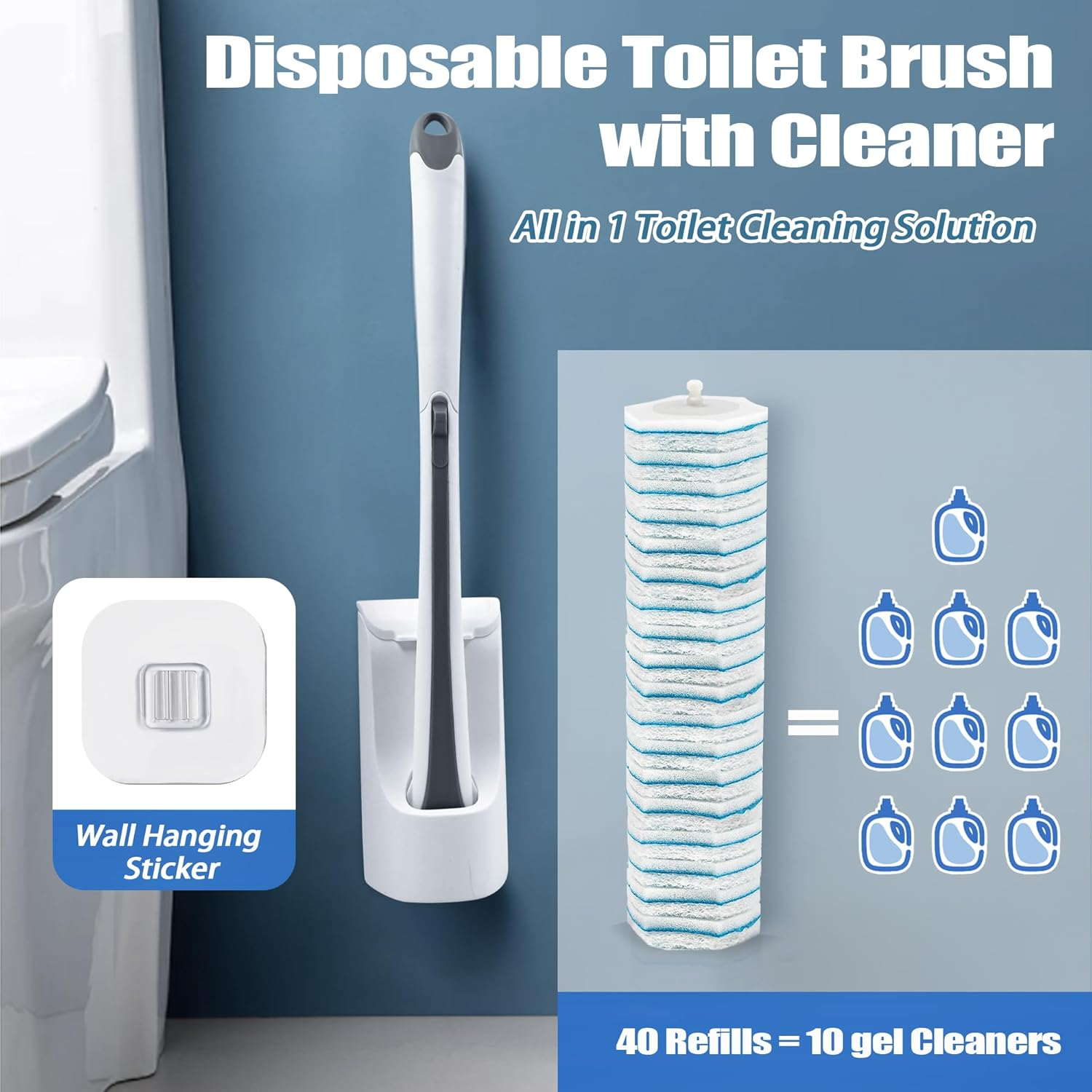 Disposable Toilet Brush and Cleaner Wand Set, Including 40 Refills, Features Wall-Mounted Long Handle and Compact Holder for Sink Bathtub Wash Basin Mop Pool image number 6