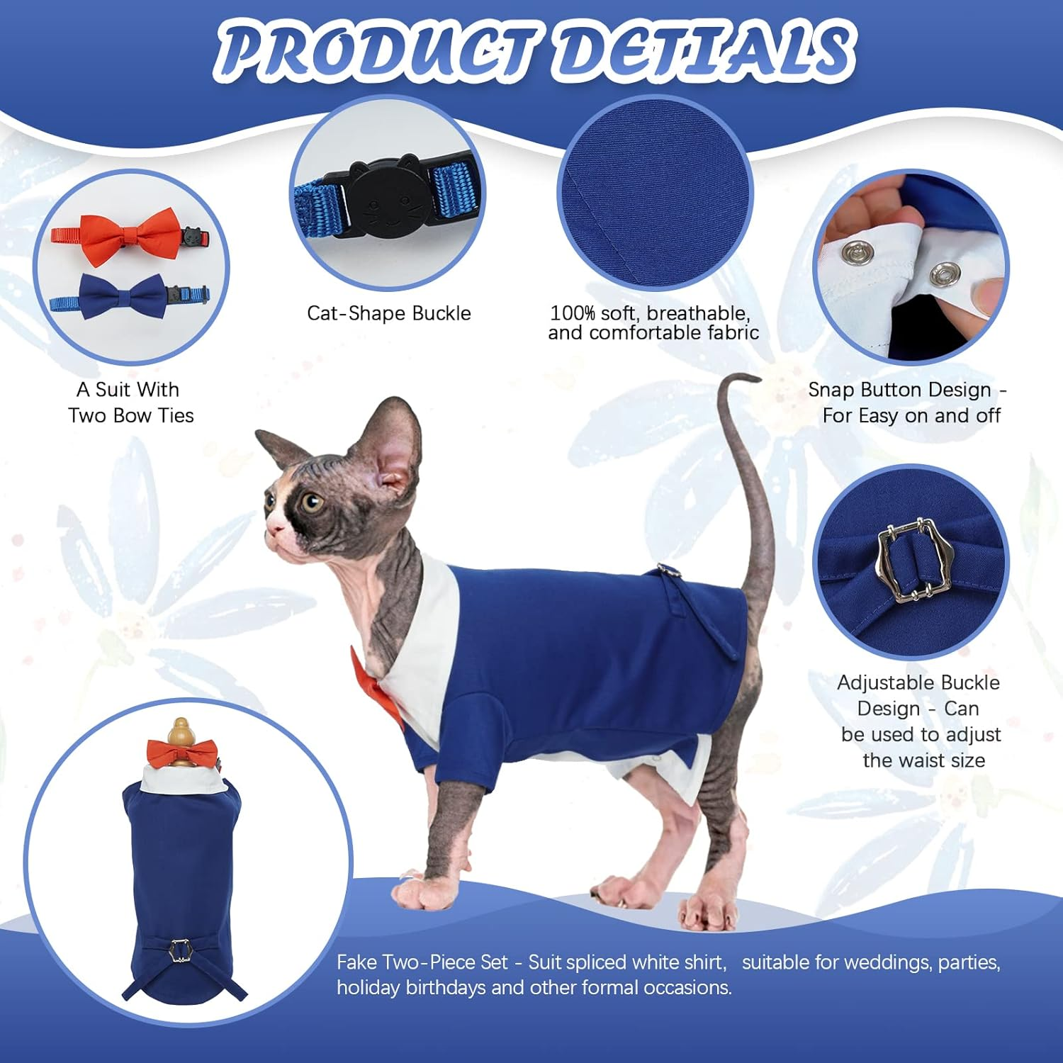 Hjyokuso Cat Tuxedo, Formal Wear Cat Costume, Cat Wedding Outfit, Blue, Polyester and Cotton, Xx-Large, Suitable for Small, Medium, Large Breeds image number 6