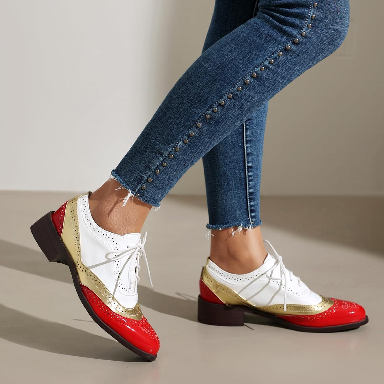 Galindopia Unisex Oxford Shoes Women Two Tone Perforated Wingtip Brogue image number 4