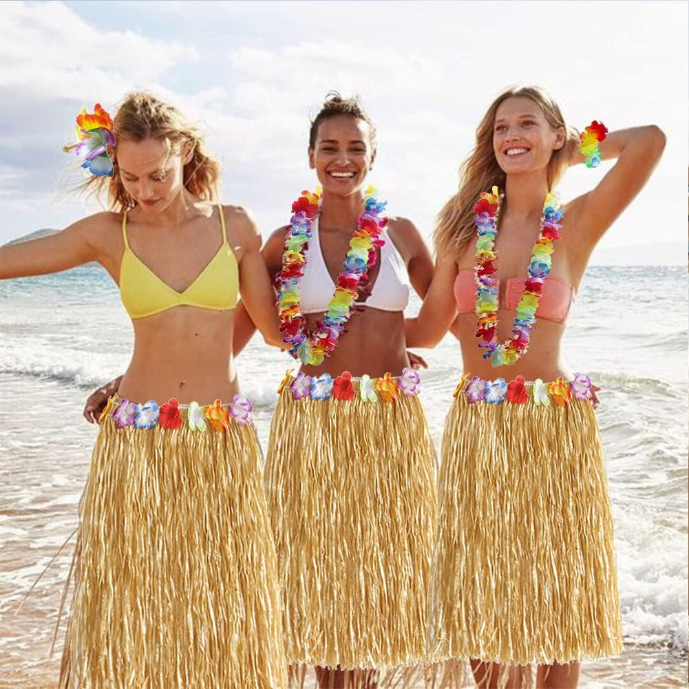 YSHIGUING 6Pcs Hula Skirt Costume Hawaiian Fancy Dress with Grass Skirt, Hawaii Leis, Hibiscus Hair Clip, Hawaiian Costume Set for Women Summer Beach Tropical Party Decoration