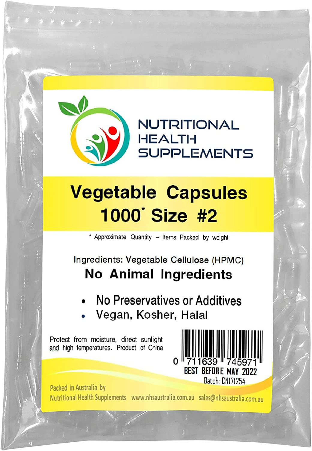 1000 X Size 2 Empty Veggie Caps Standard (HPMC) Vegetable Vegetarian Vegan Capsules - Clear