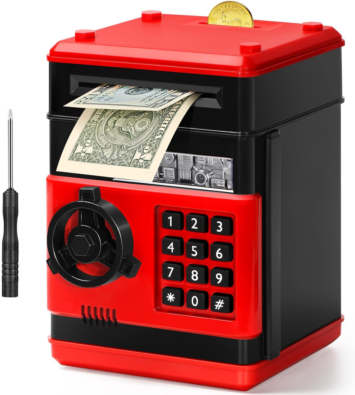Electronic Piggy Bank for Kids, Money Bank with Password/Cute Mini ATM Piggy Bank Coin Can, Auto Scroll Cash Safe Box, Great and Practical Birthday Gifts for Boys & Girls (Black and Red)