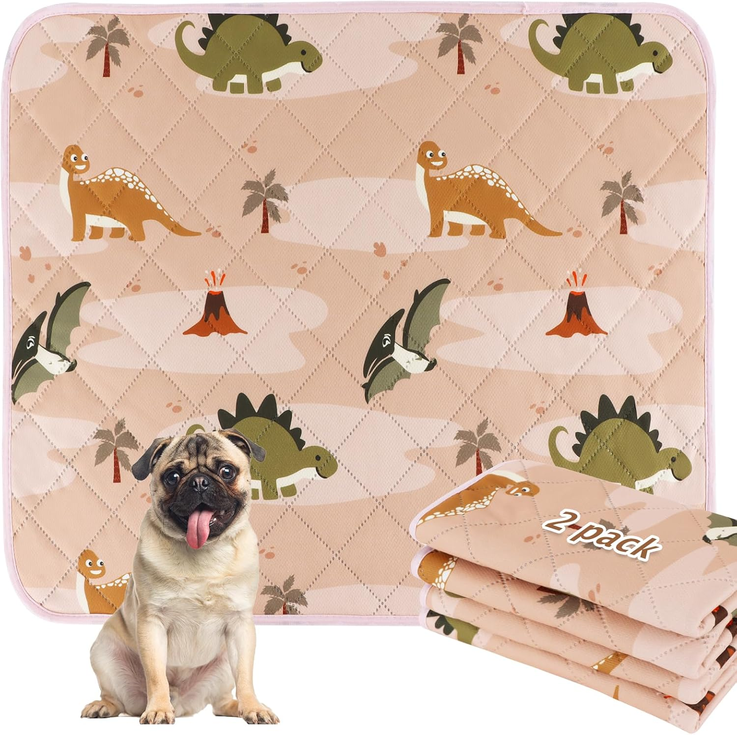 BVAGSS Washable Pee Pads for Dogs, 2 Pack Reusable Leakproof Puppy Wee Wee Pad, Non-Slip Waterproof Pet Training Pads, Super Absorbent Whelping Pads XH081 (90X60Cm,Pink Dinosaur) image number 1