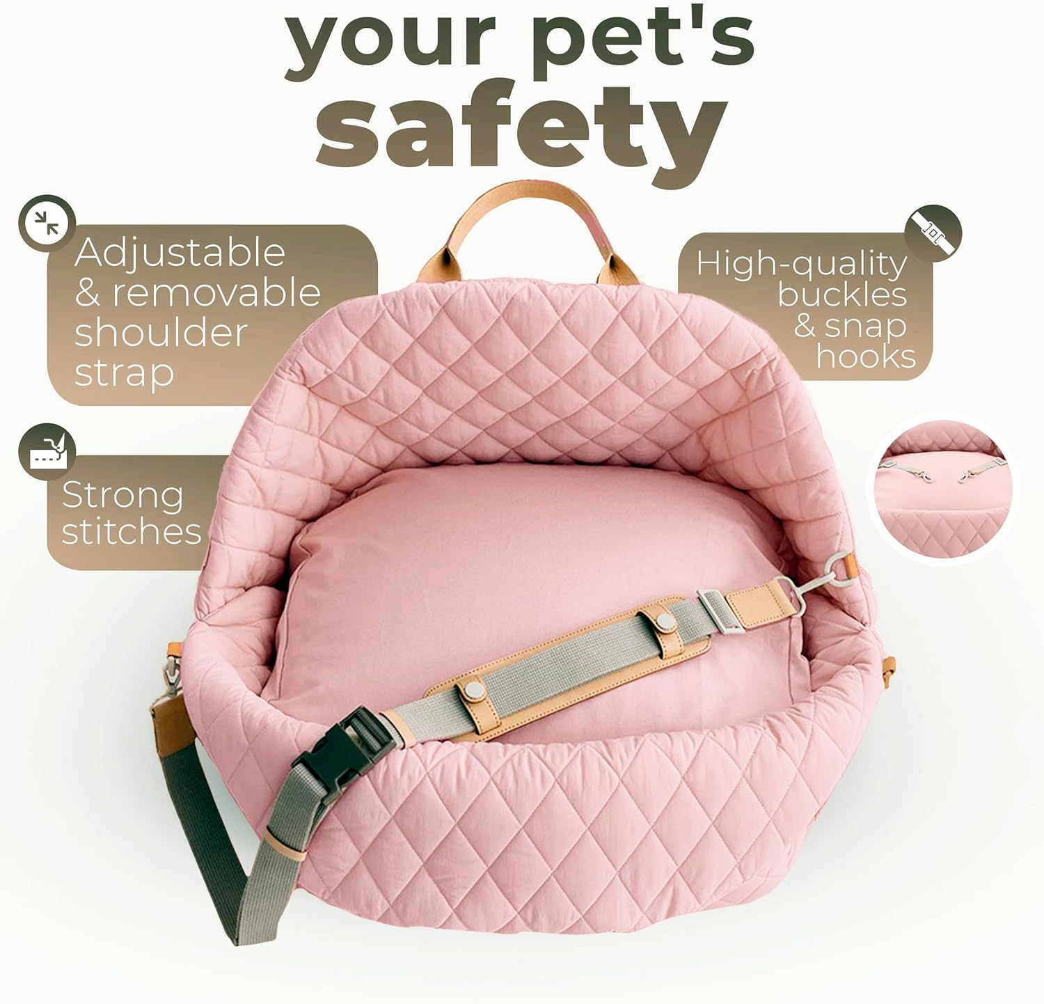 BDZBREN 3-In-1 Dog Car Seat for Small Pets 0-18Lbs，Portable Carrier, Travel Bed with Safety Leash | Waterproof, Machine Washable, Anti-Slip Base (Pink, L) - Beige image number 3