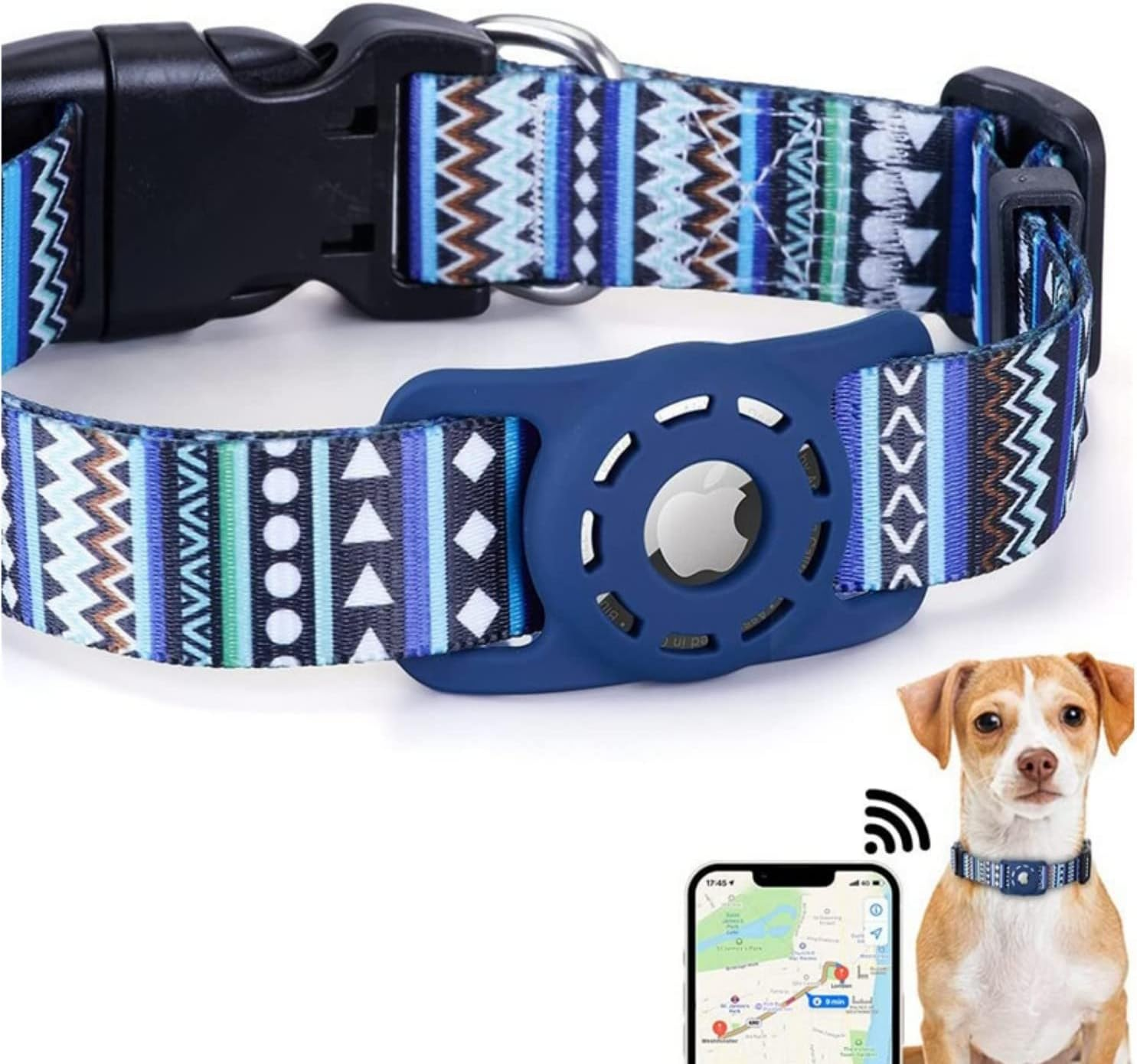 PUSHY. D Airtag Cat & Dog Collar Bohemian Soft Rubber Airtag Protective Case Polyester Dog Collar Adjustable Soft Ethnic Style Colar Suitable for Large, Medium and Small Dogs and Cats(Blue,M) image number 1