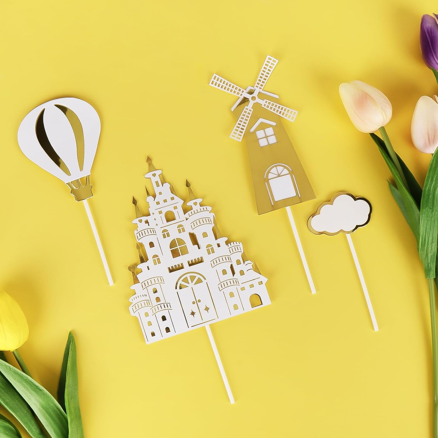 Hannafires 8PCS Castle Cake Topper Set &ndash; Princess & Prince Birthday Party Decorations with Castle, Balloons, Clouds, Picks & Banners for Kids' Fairy Tale Theme Cakes image number 3