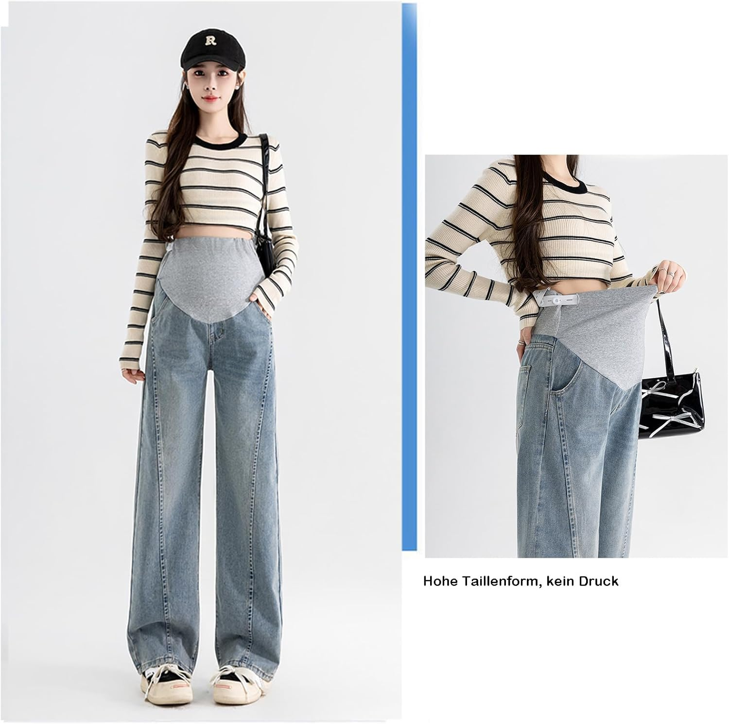 Pregnancy Jeans before & after Birth: Slim Wide Leg, Loose Fit, Soft Denim with Adjustable Strap - for Women under 170 Cm, with Practical Pockets image number 3