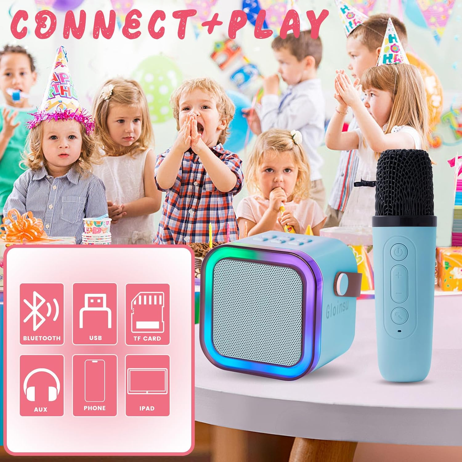 Portable Karaoke Machine for Kids & Adults, Bluetooth Mini Singing Microphone with 2 Wireless Mics & LED Light Show, Compatible with All Smartphones, Perfect for Birthdays, Home Parties（Blue） image number 4