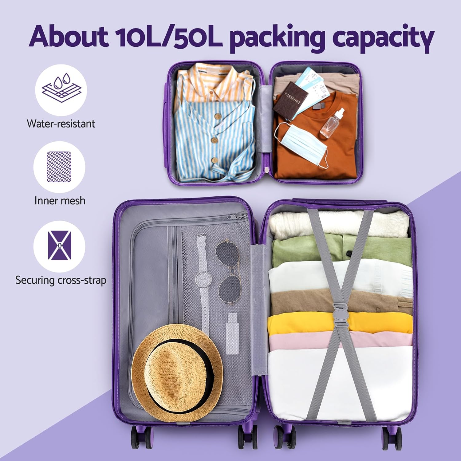 Wanderlite 2Pcs Trunk Luggage Set, 20&rsquo;&rsquo; Suitcase with Larger Capacity, Carry on Luggage with Phone Holder & Hook, TSA Lock, Lightweight Hardshell, Purple image number 3