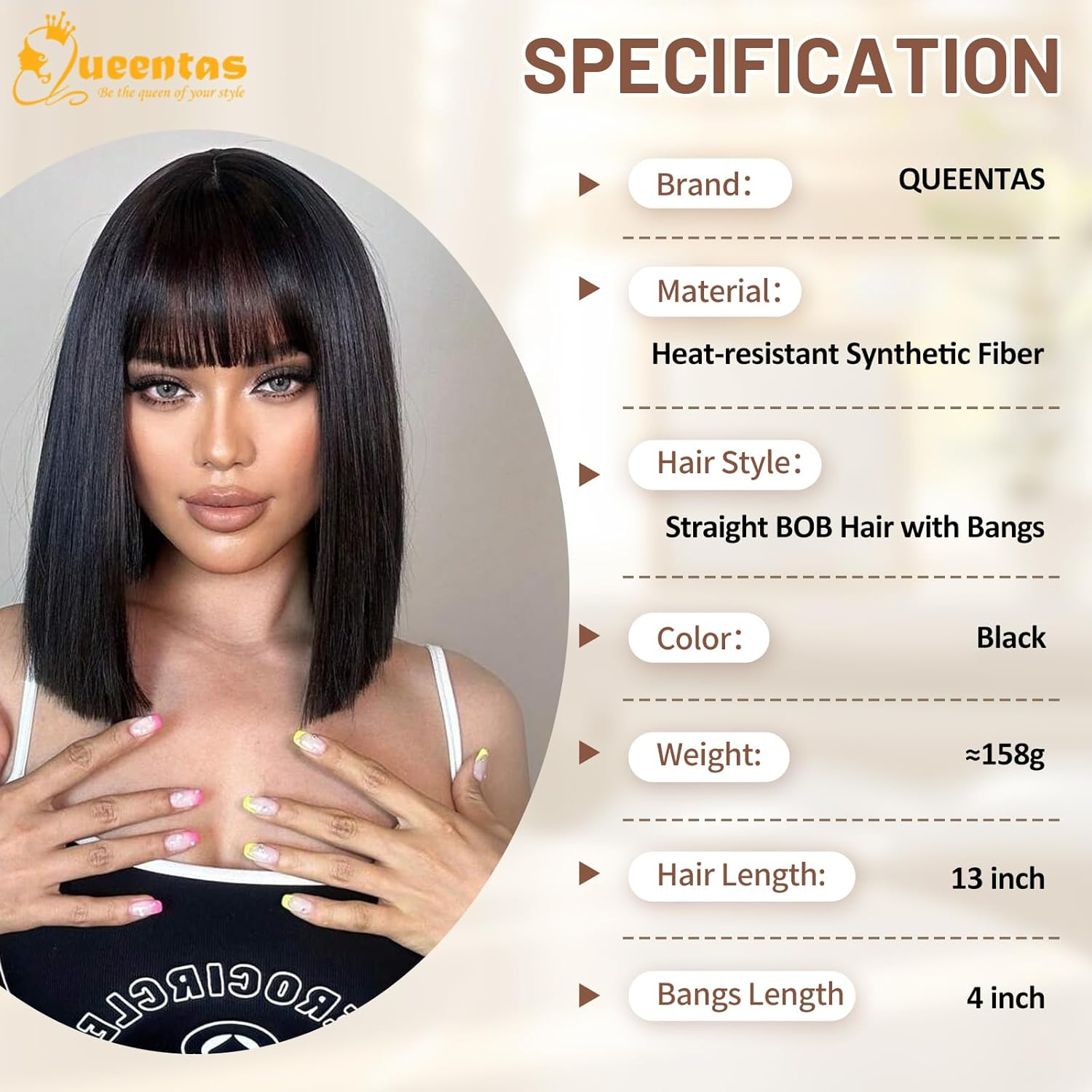 QUEENTAS Short Black Bob Hair Wigs for Women Light Black Wig Full Head with Bangs Synthetic Hair Straight Black Bob Wig for Daily Party Cosplay image number 3