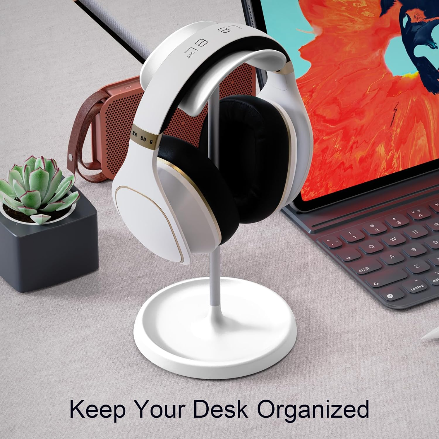 Headphone Stand, Curved Headset Stand with Storage Tray, Desk Earphone Stand, Gaming Headset Holder Accessories for Airpods Max, Beats, Bose, Sennheiser, Sony and Ect.(White)