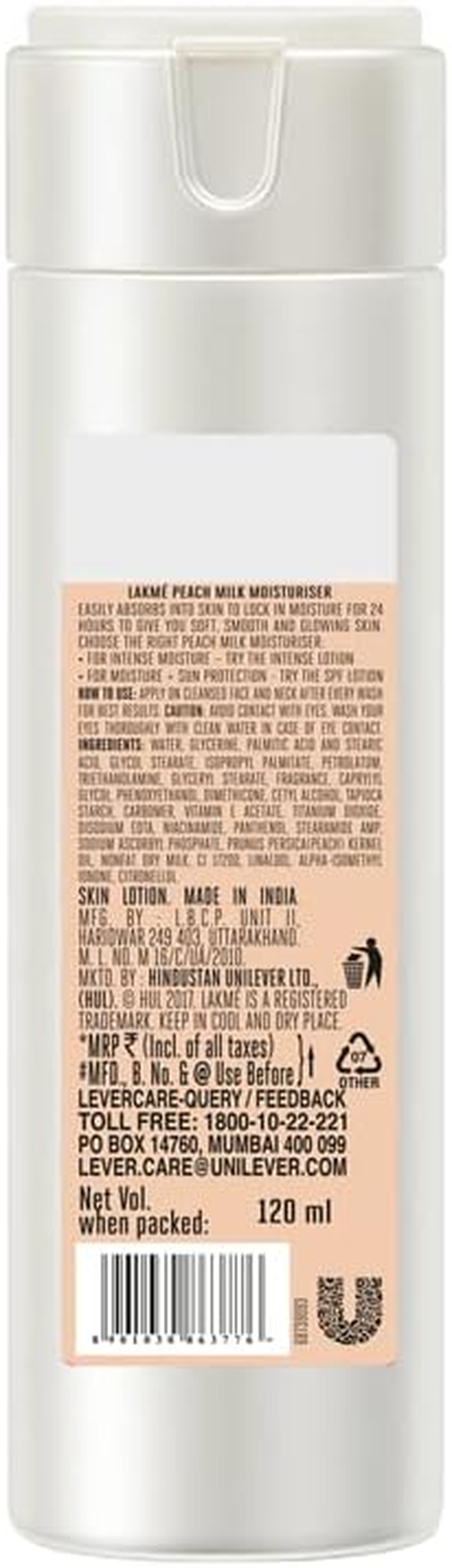 Lakme Peach Milk Moisturizer Body Lotion, Lightweight, Non-Sticky, Locks Moisture for 12 Hrs, 120 Ml image number 2