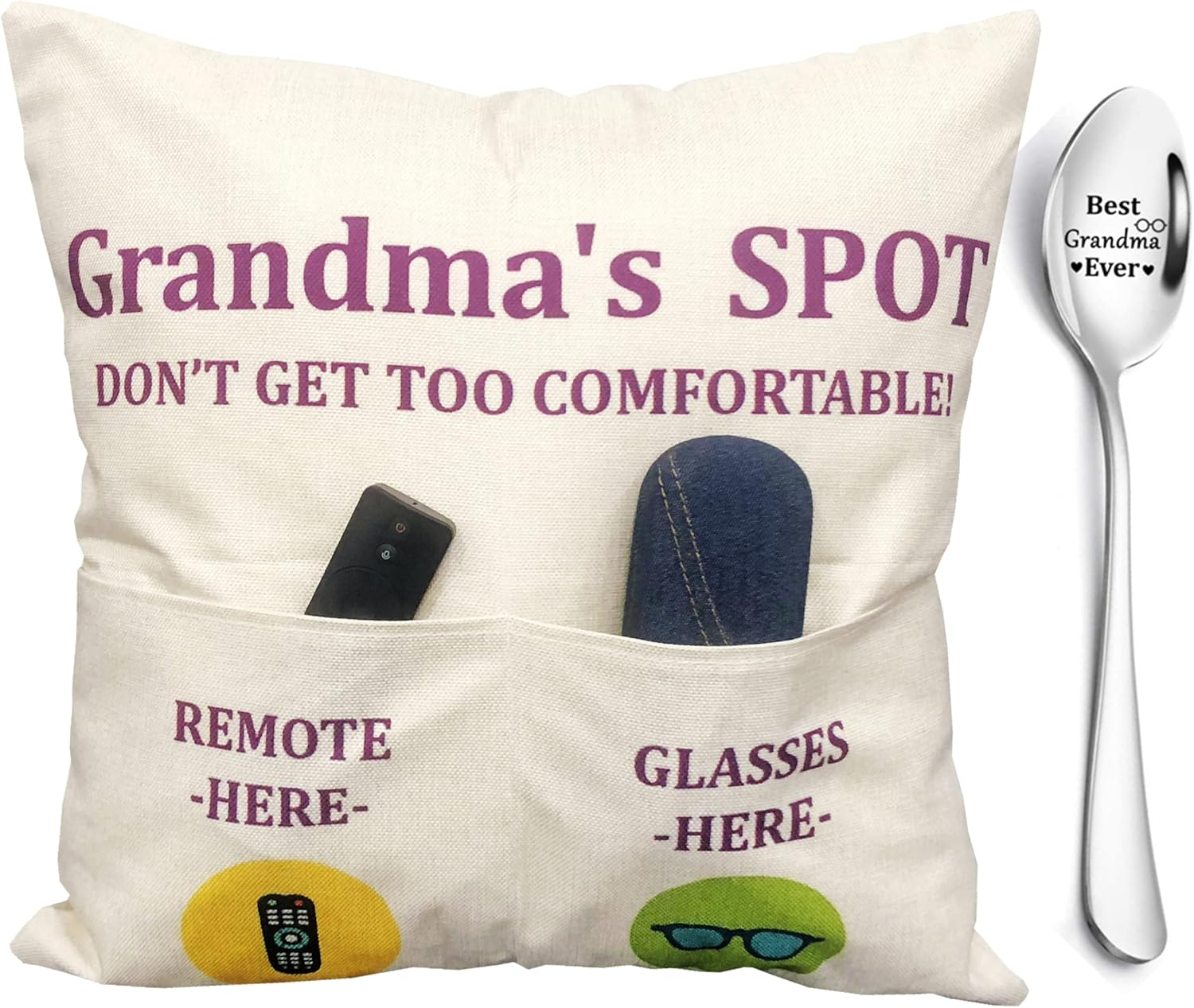 ZUYUROU Grandma Gifts, 2-Pocket Grandma&rsquo;S Spot Throw Pillow Covers 18X18 Inch + Grandma Ever Engraved Spoon, Birthday Christmas Anniversary Thanksgiving Day Gifts for Grandma Mom Gigi Nana Mimi image number 4