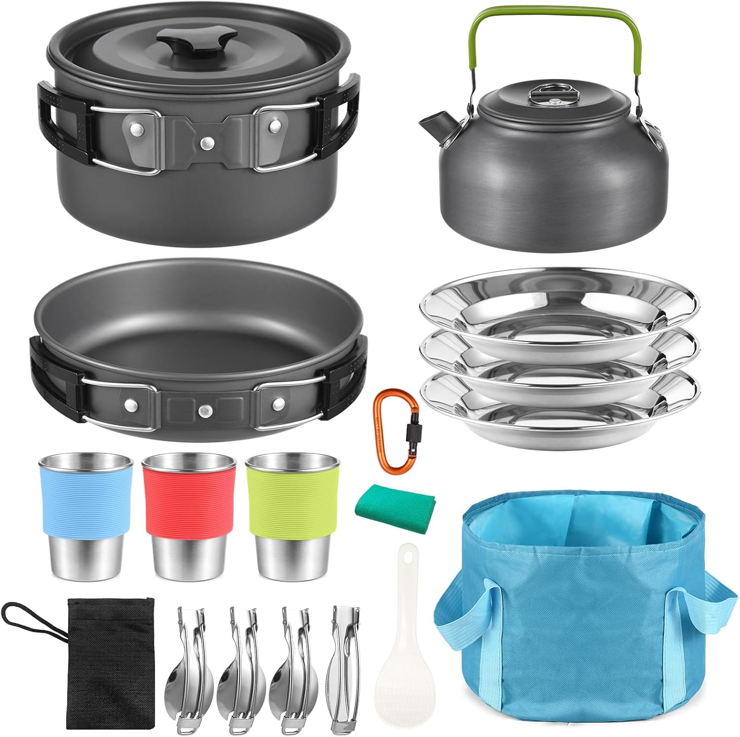 Aomiun Camping Cookware Kit, 22PCS Camping Pot and Pan Set with Camping Kettle Stainless Steel Cups Plates Knives Spoons for Outdoor Cooking and Picnic for 2-3 People