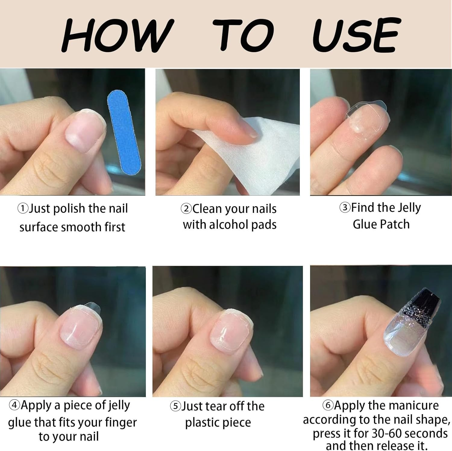 Rabbfit Pack of 24 Nail Art Set, Press on Nails, Medium Black French Tip, with Diamond Nails, Long Acrylic Rhinestone Nails, Exquisite Artificial Nails for Women, DIY Manicure image number 1