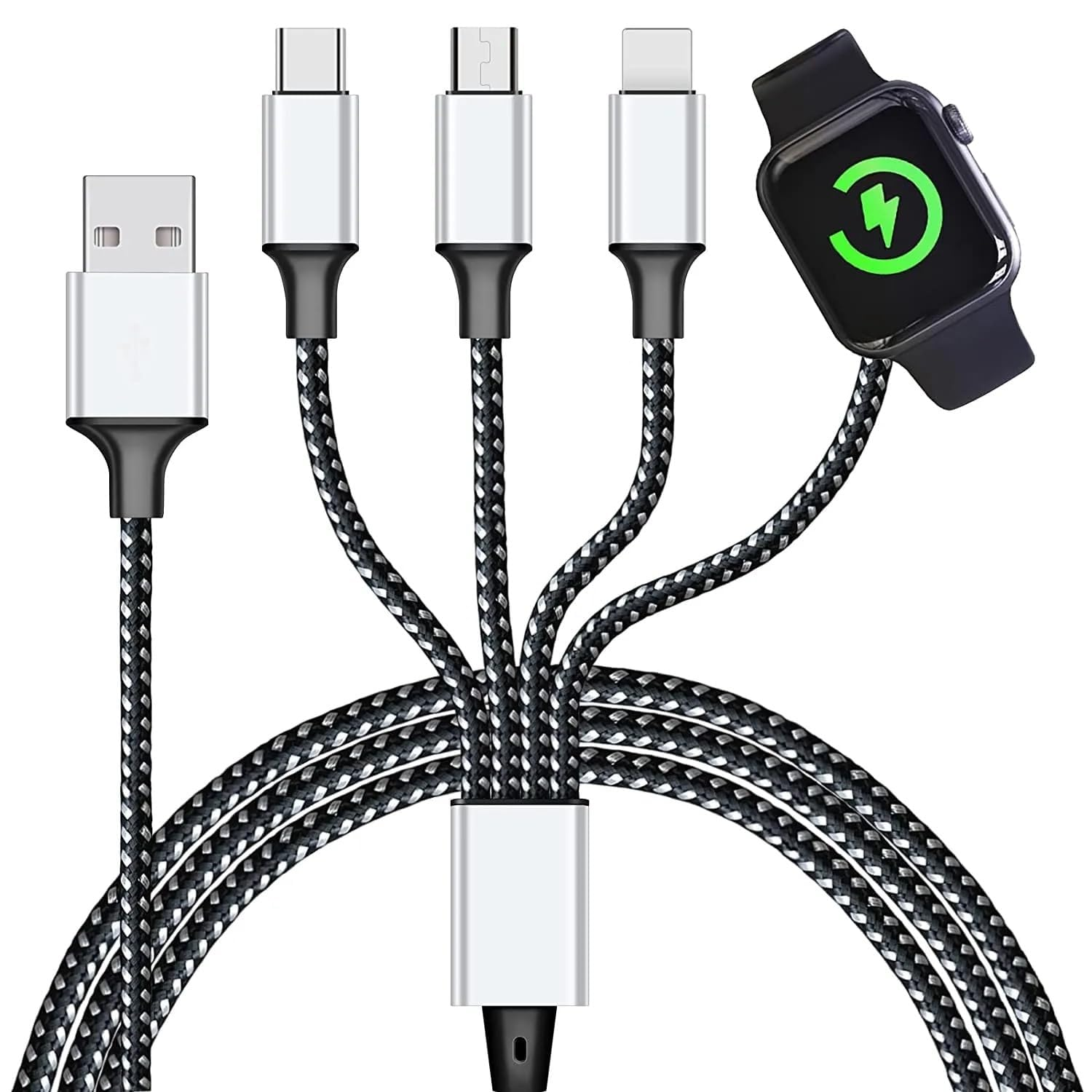 Multi Charging Cable for Apple Watch 4 in 1 Magnetic Wireless Charger 1.2M/4Ft Nylon Braided Cord for Multiple Devices, USB C/Micro Port/Compatible with Iwatch Series 9-1/Phone/Galaxy and Android image number 3