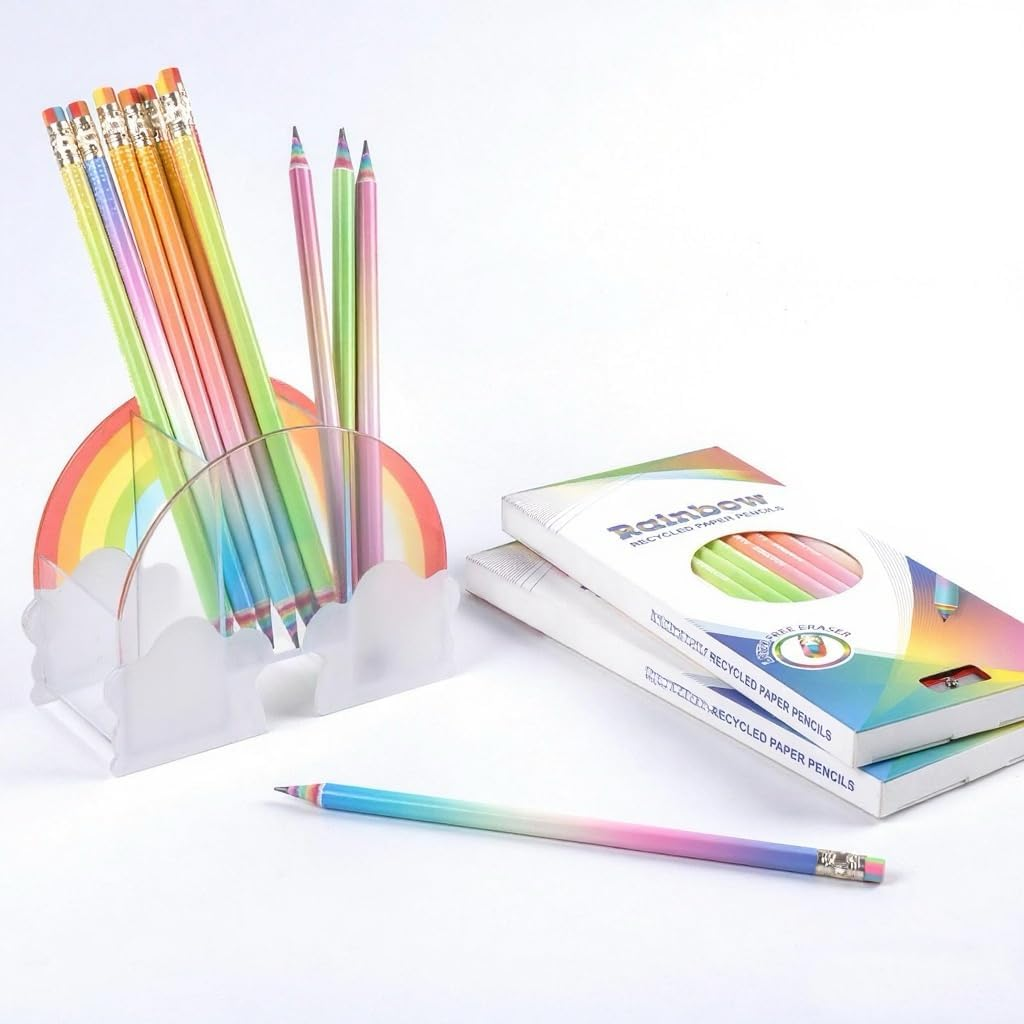 Pre-Sharpened Pencils HB #2 Eco Rainbow Paper Pencil Cute Pencils for Kids Number 2 Pencil with Erasers for School, Writing, 12 Count image number 3