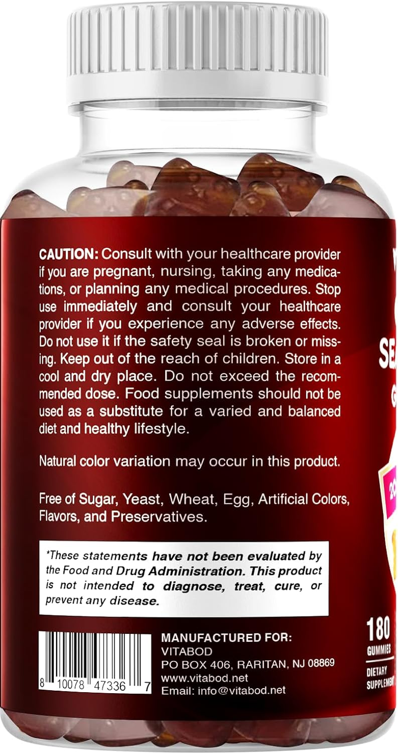 Vitabod Irish Sea Moss Gummies - 3000 Mg - 180 Vegan Gummies - Made with Bladderwrack & Burdock Root - Seamoss Supplement for Thyroid, Energy, Immune Support image number 2