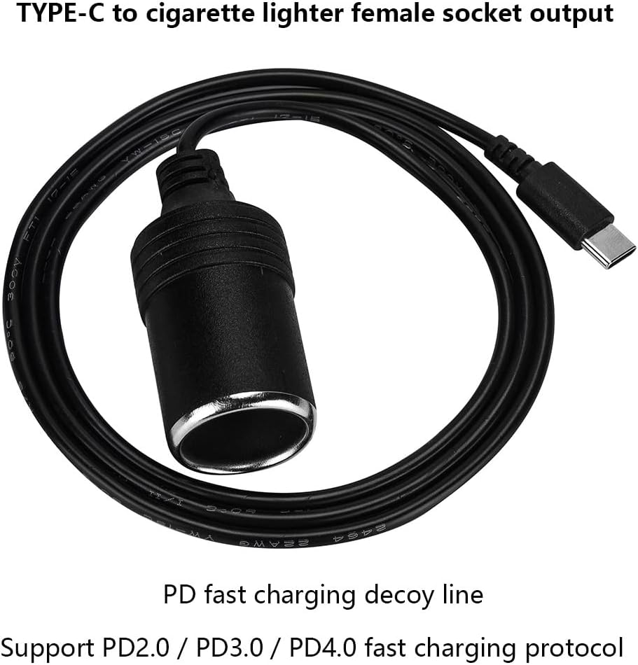 USB C PD 45W 12-15V/3A Type C Male to Cigarettes Lighter Socket Female Converter Cable 1M for GPS DVR Car Camera