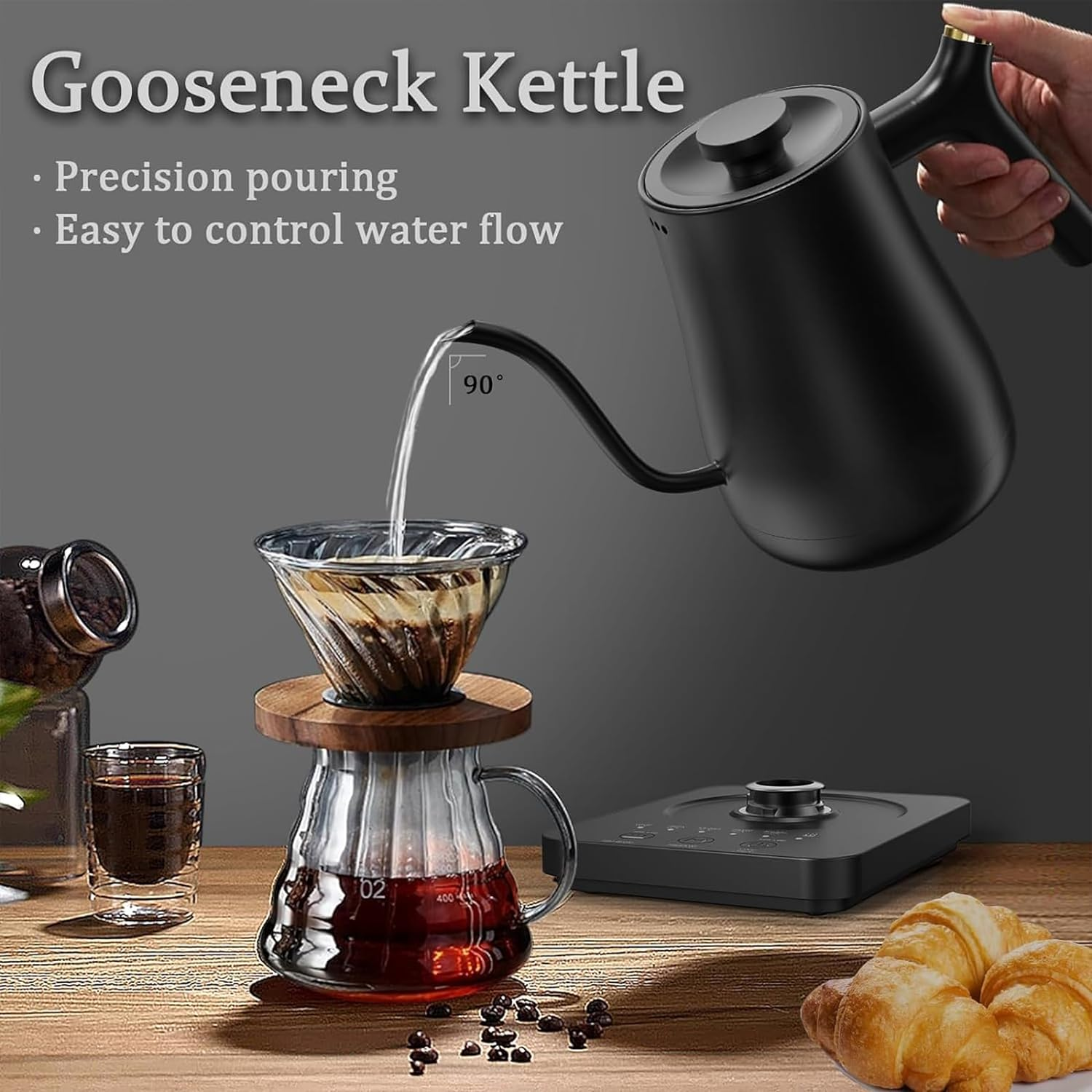 Electric Gooseneck Kettle, 5 Variable Precise Temperature Control, 2H Keep Warm, Stainless Steel Inner, Quick Heating, for Pour over Coffee, Brew Tea, Boil Hot Water, Boil-Dry Protection, 0.8L, Black image number 1