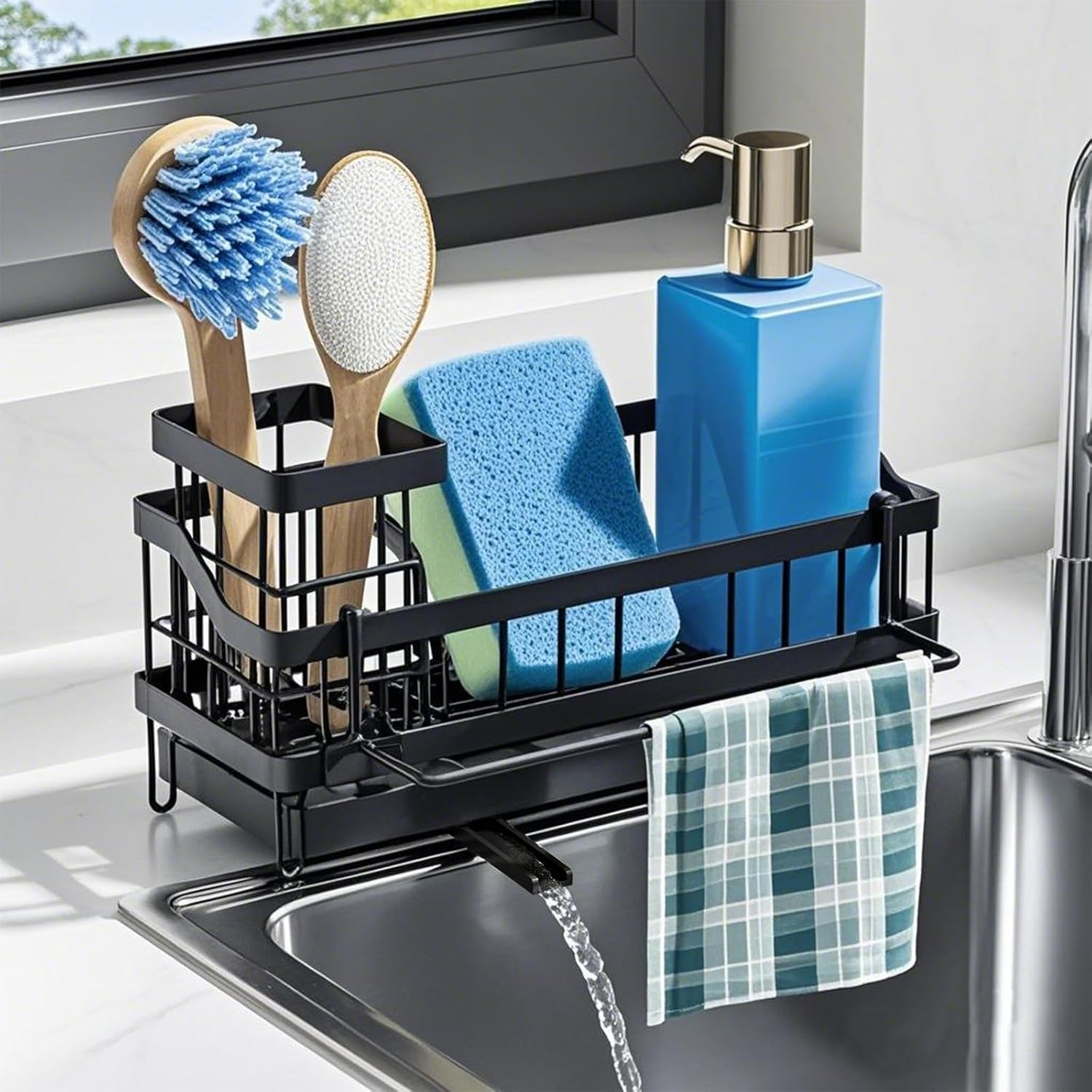 Kitchen Sink Caddy Organiser,Sinkware Organizer with Removable Auto-Draining Tray & Brush Holder, Washing up Rack for Dishcloth Towel Soap,Sponge Holder for Countertop Bathroom Storage & Organisation