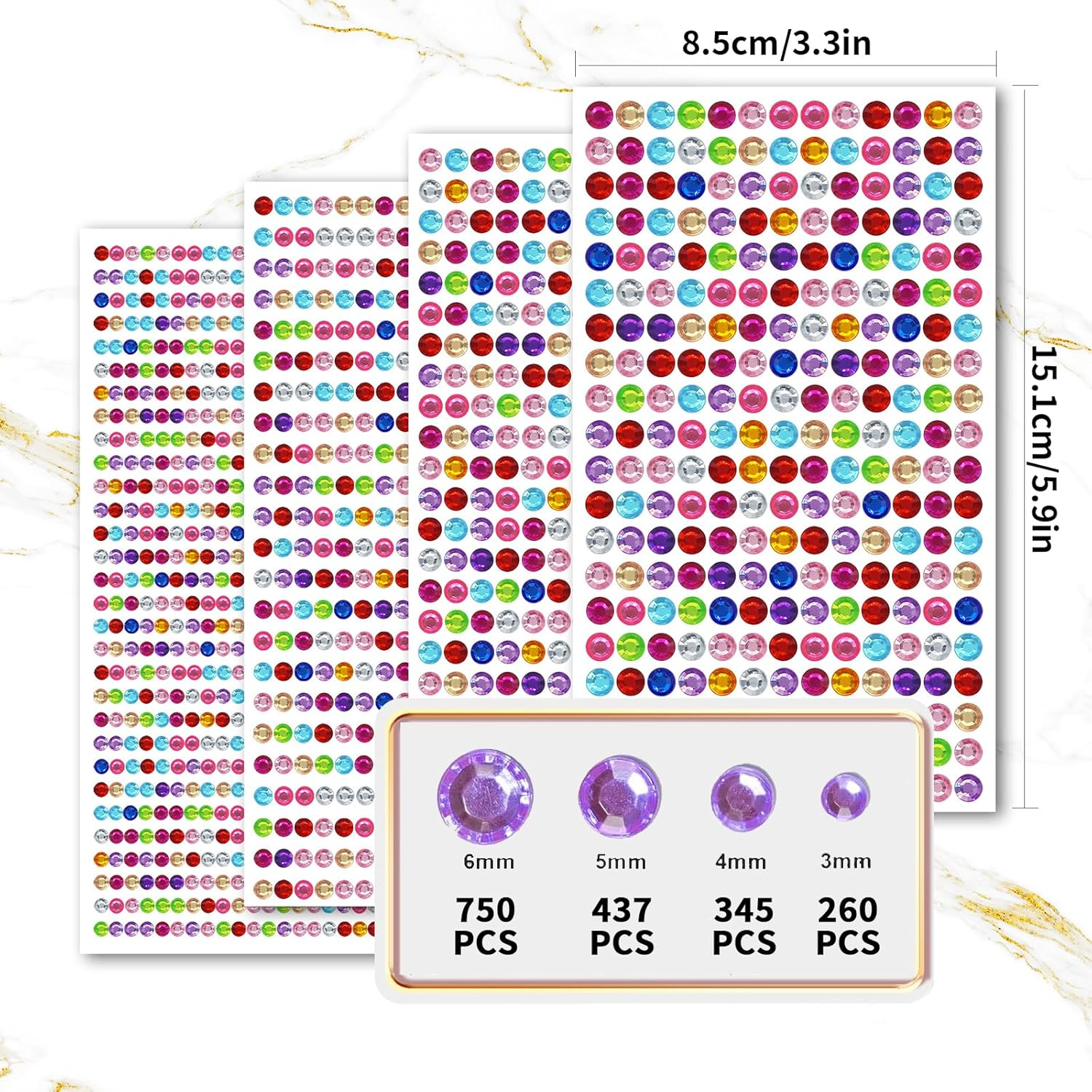 Hunken 1792 Pcs Gem Stickers Jewels for Crafts, Self-Adhesive Rhinestone Stickers, Acrylic Bling round Gems for Face Makeup, Nail Art & Festival Decorations (4 Sheets, 3/4/5/6 MM, Multicolor) image number 2