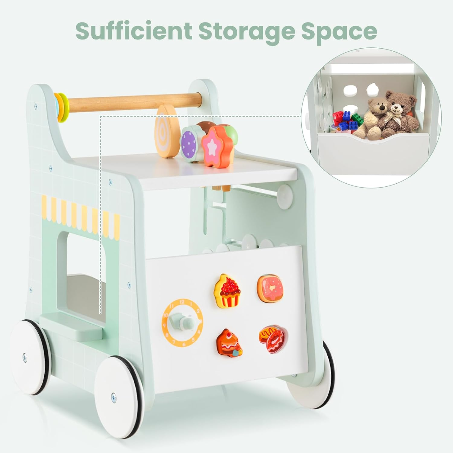 INFANS 6 in 1 Wooden Baby Walker, Play Kitchen Playset, Toddler Push Learning Activity with Wheels Shape Sorter Movable Slider, Montessori Educational Toy for Girls Boys 1-3 Years image number 6