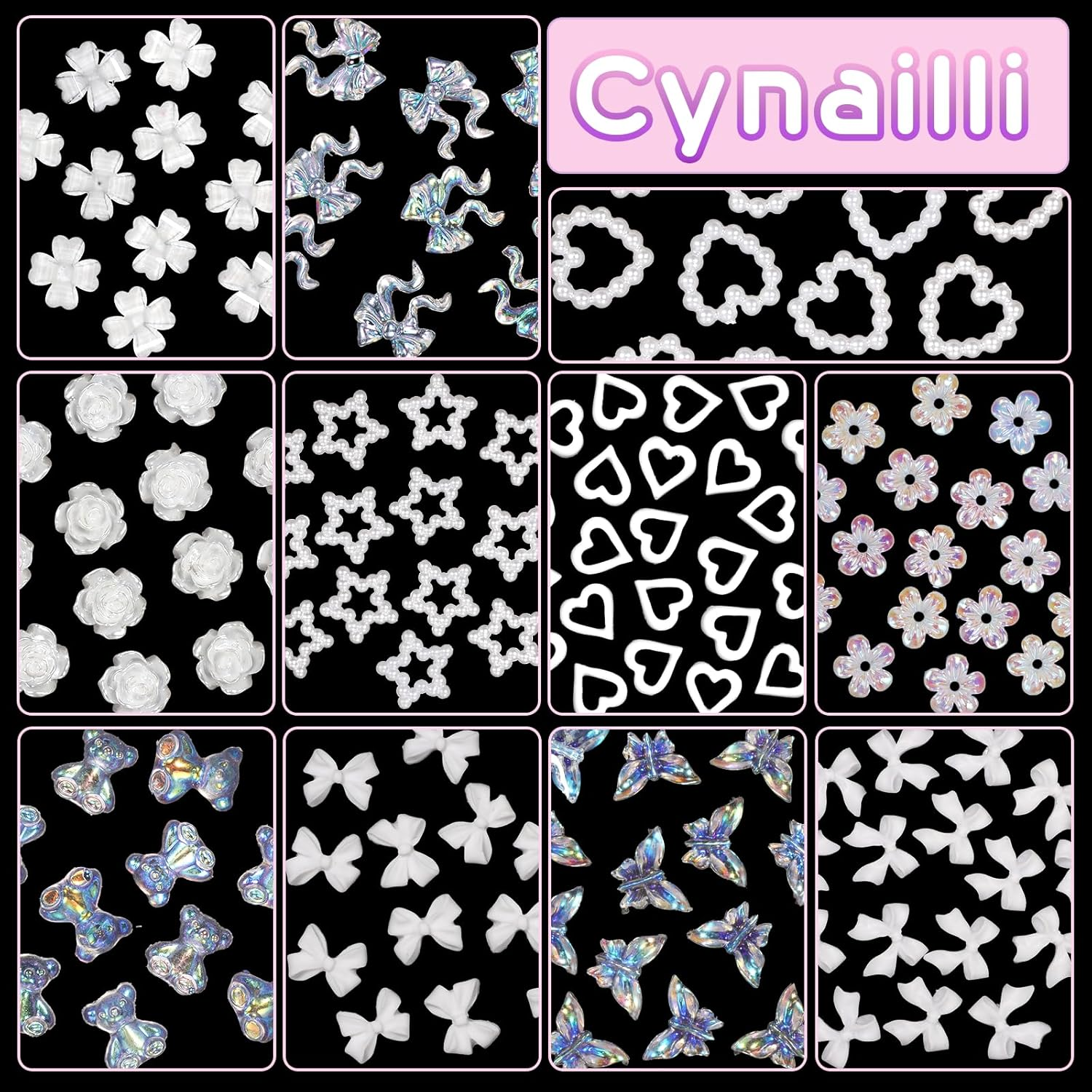 Flatback White Nail Charms Set, Assorted Bow Heart Flowers Acrylic Nail Art Charms, AB Rhinestones Nail Gems, round Pearls Nail Charms, Silver Gold Butterfly Nail Charms Gems for Nail Art DIY image number 5