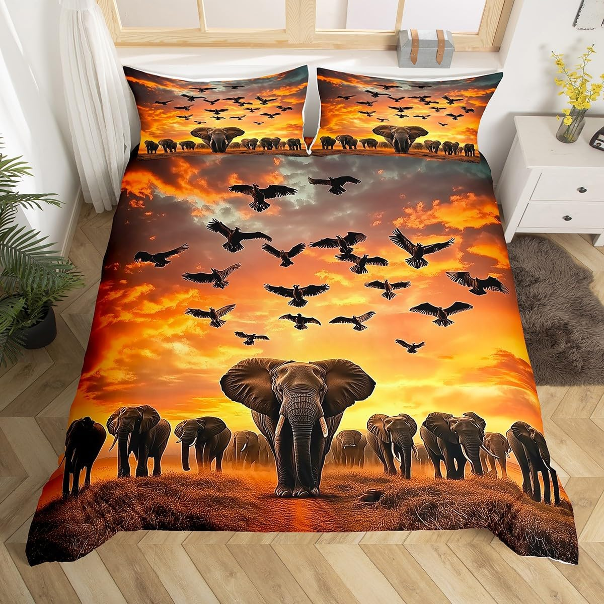 Homewish Elephant Animal Bedding Set 135 X 200 Cm, Wild Safari Theme Duvet for Children, Teenagers, Adults, African Elephant Print Duvet Cover, Aesthetic Nature Landscape Bed Sets image number 2