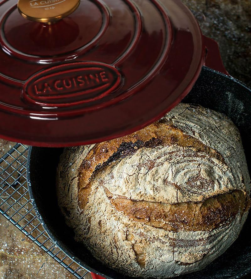 La Cuisine Enameled Cast Iron Dutch Oven Casserole Dish Pot with Lid, 2.1 QT 7.9&ldquo; Dia. Matte Black Enamel Interior, Cranberry Enamel Finish Exterior, Gold-Plated Stainless Steel Lid Handle Oven Safe image number 1
