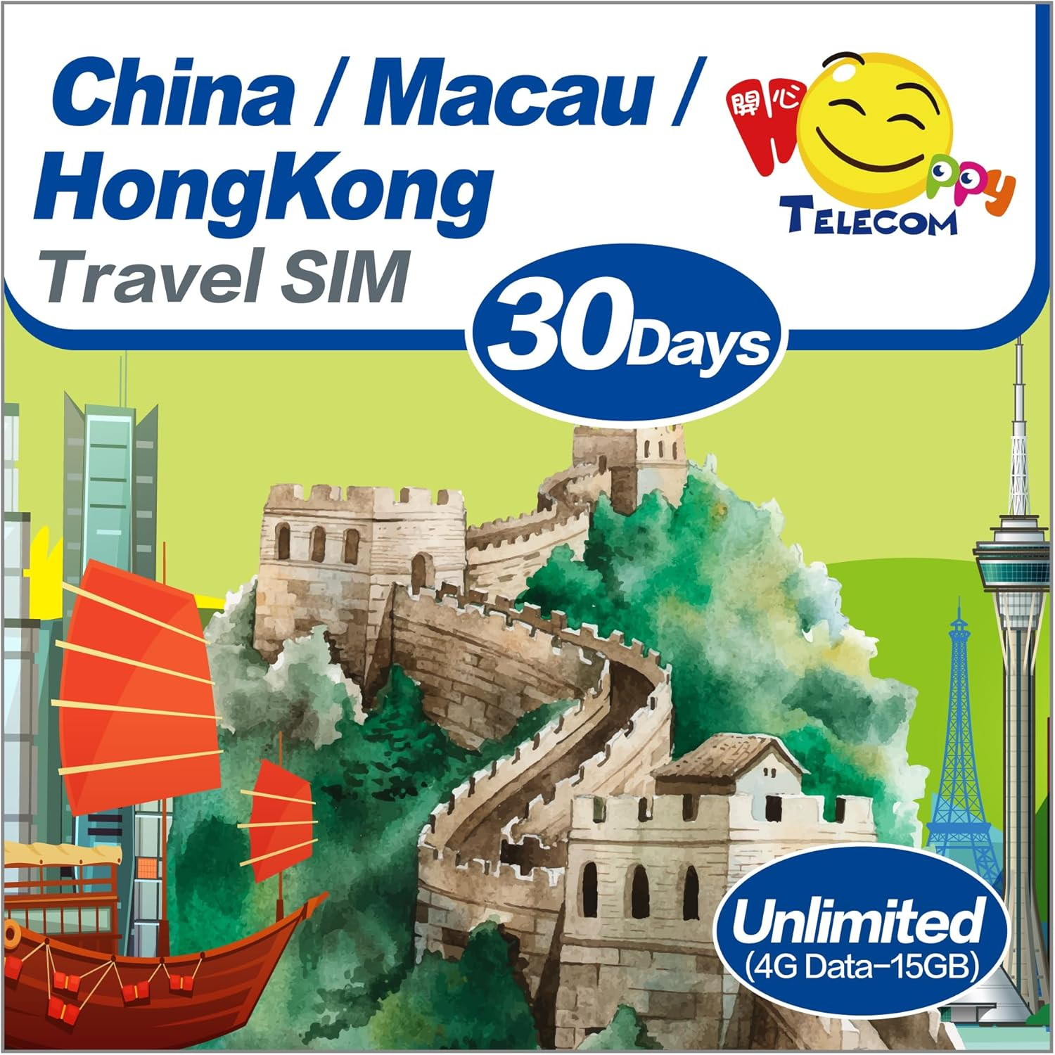 Free Test 150MB 1Day in Australia | Happy China, Hong Kong, Macau 30Days Unlimited Data Sim Card | 15GB of 5G High-Speed Data Then 128Kbps | Support Google, Whatsapp, Facebook and More image number 2