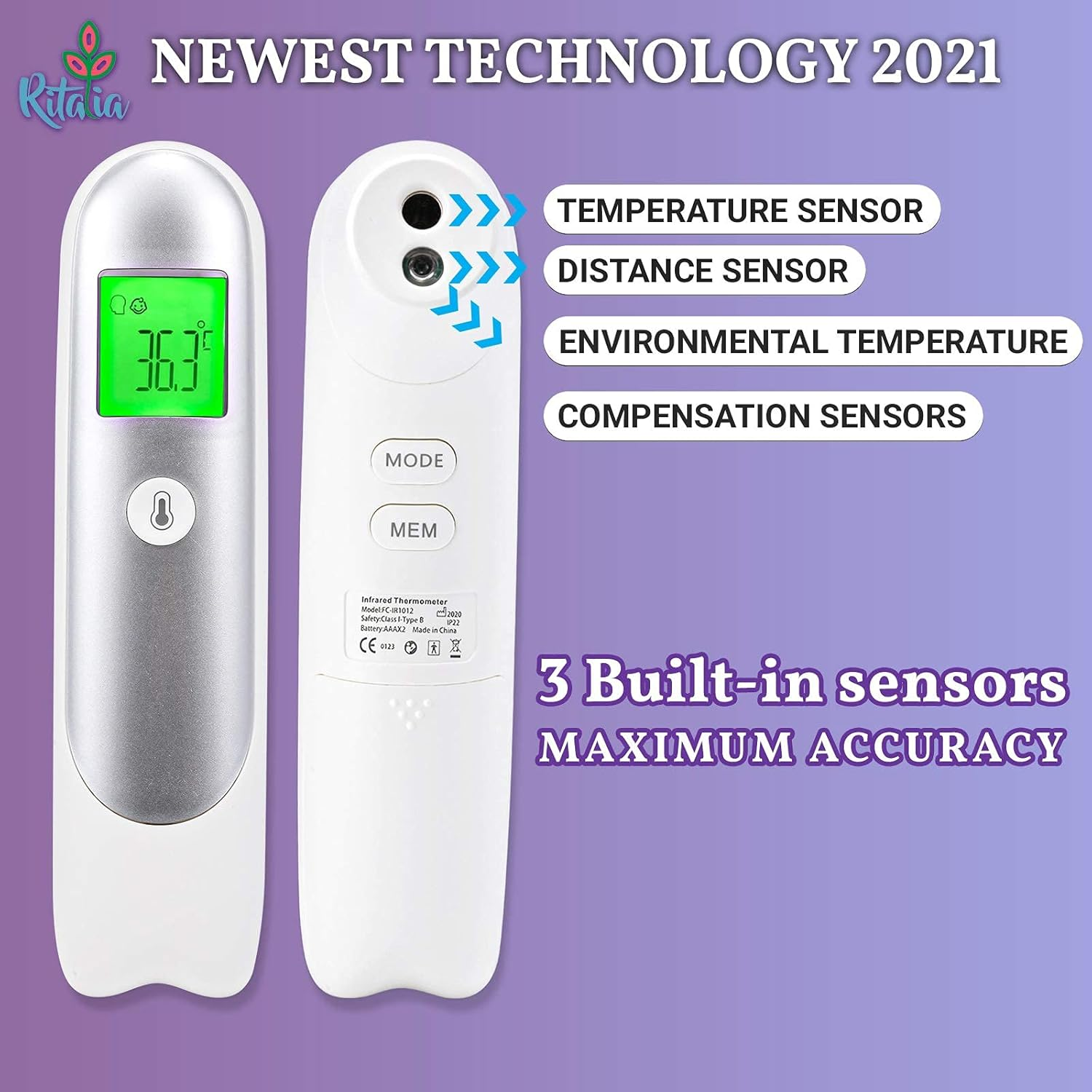 Baby Thermometer Ritalia&reg; Digital Forehead Thermometer Non-Touch for Adults and Kids - Accurate Infrared Sensors for Clinically Readings Less than 1S - LCD Screen 3 Colors image number 3