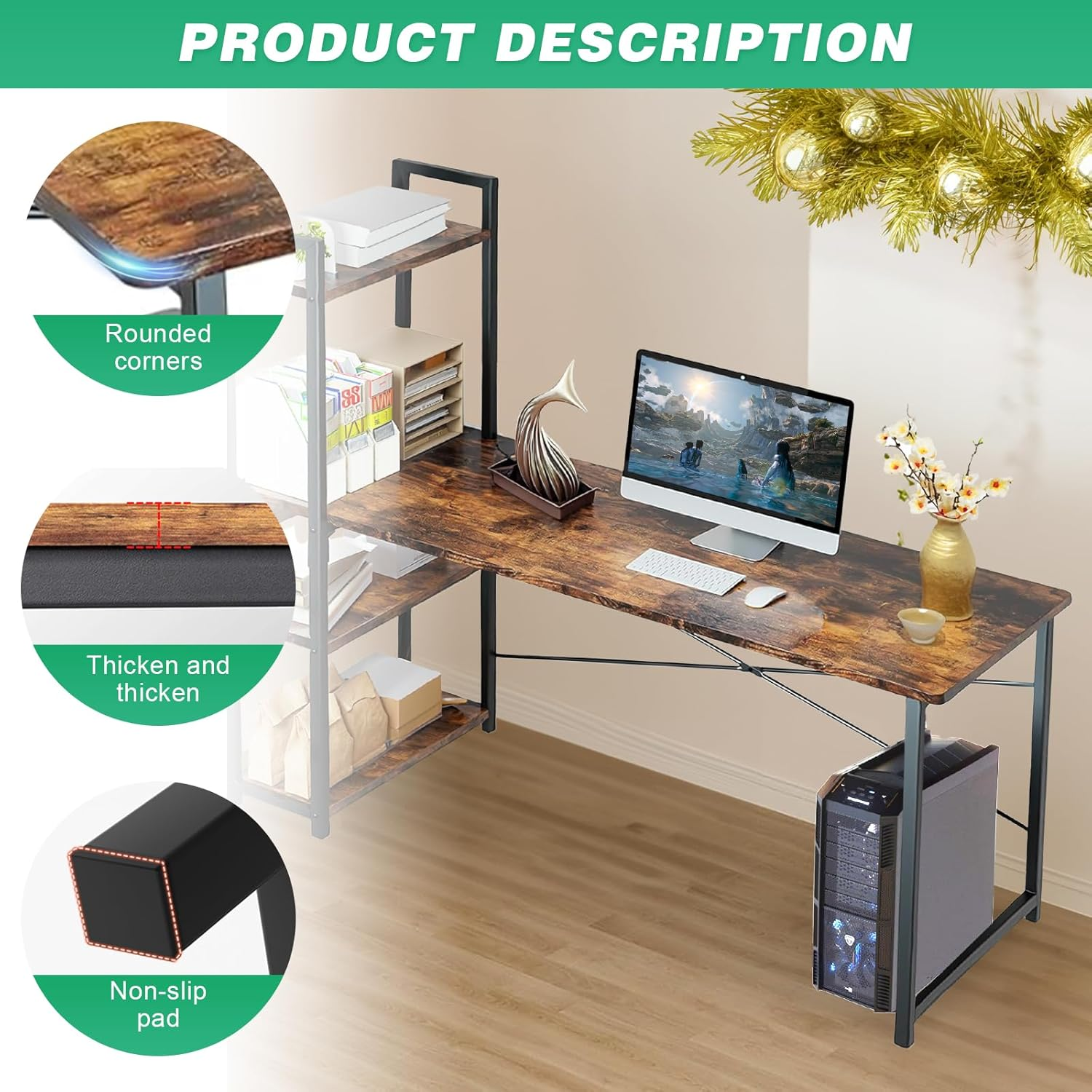 Computer Desk, Gaming Desk with Reversible Storage Shelves, Modern Metal Gaming Desk, PC Desk Workstation for Home Office, Rustic Brown image number 1