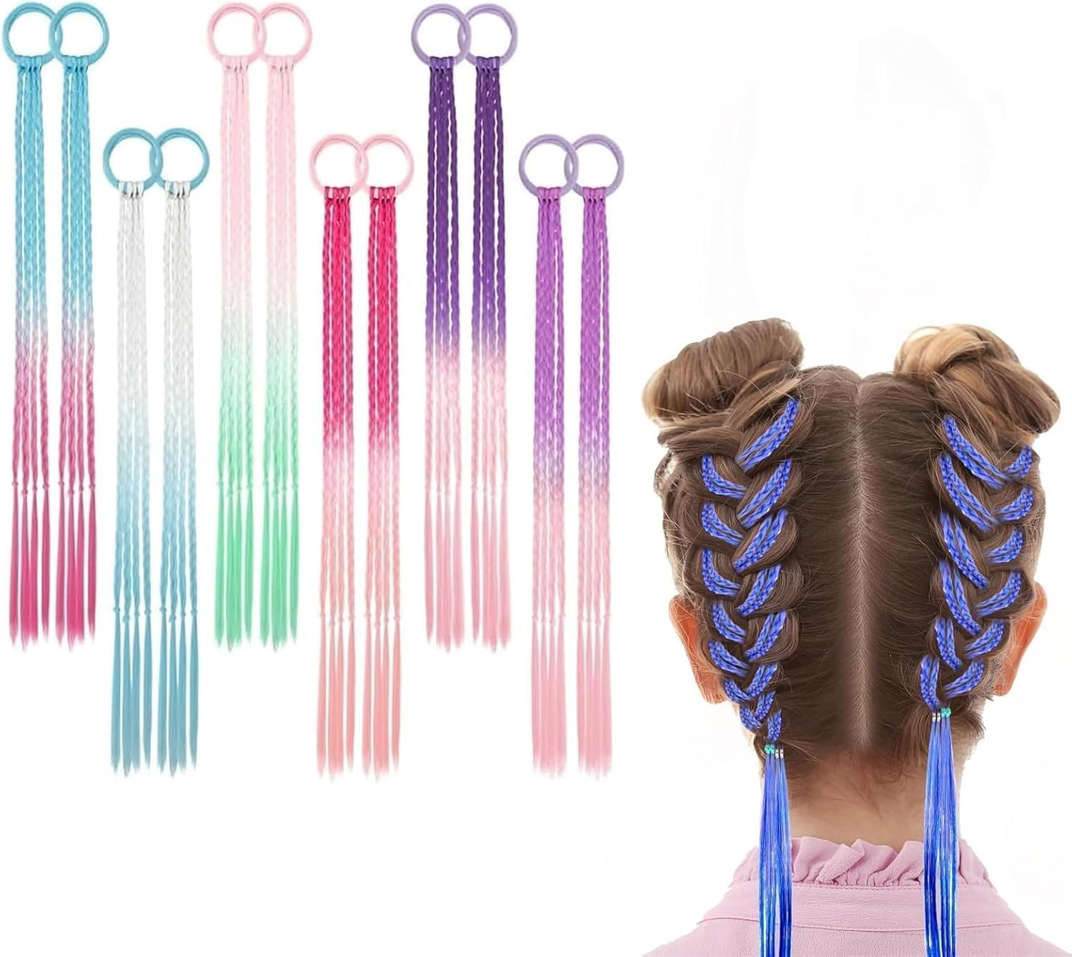 Colorful Wig Braid Head Rope, 12Pcs Coloured Hair Extensions with Hair Clips, Rainbow Braided Kids Hair Extensions, Colored Braids Hairs Extension with Rubber Bands image number 2