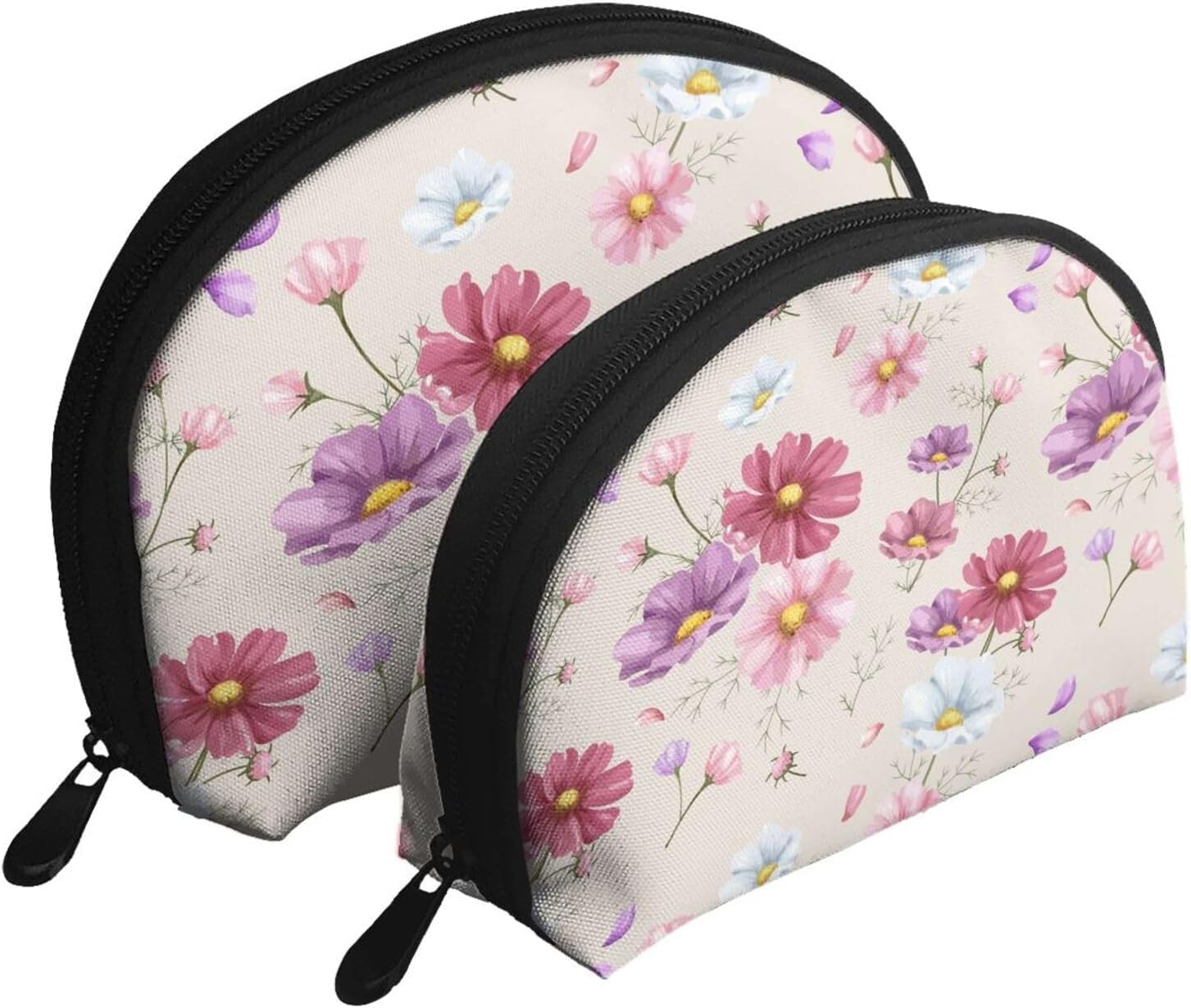 Cozimangoe Coin Pouch Makeup Bags Set, 2 Piece Shell Shape Cosmetic Bag with Pockets for Daily Travel Handbag Lipstick Keys Toiletry, Personalized Hand Drawn Cosmos Flower Pattern image number 4