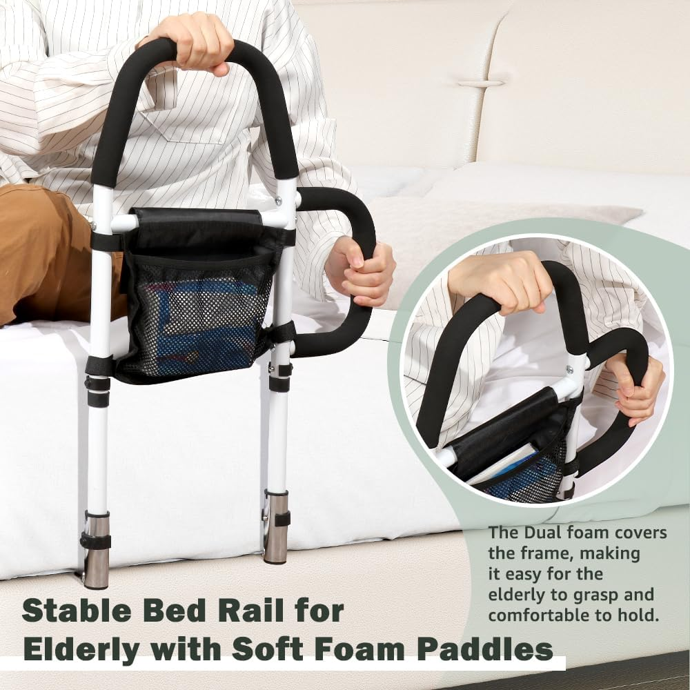 Kokorona Bed Rail for Elderly Adults, Bed Assist Rail for Seniors with Dual Grab Handles, Side Bed Guard Rails with Storage Pocket, Safety Bed Rail under Mattress, Loading 136KG image number 3