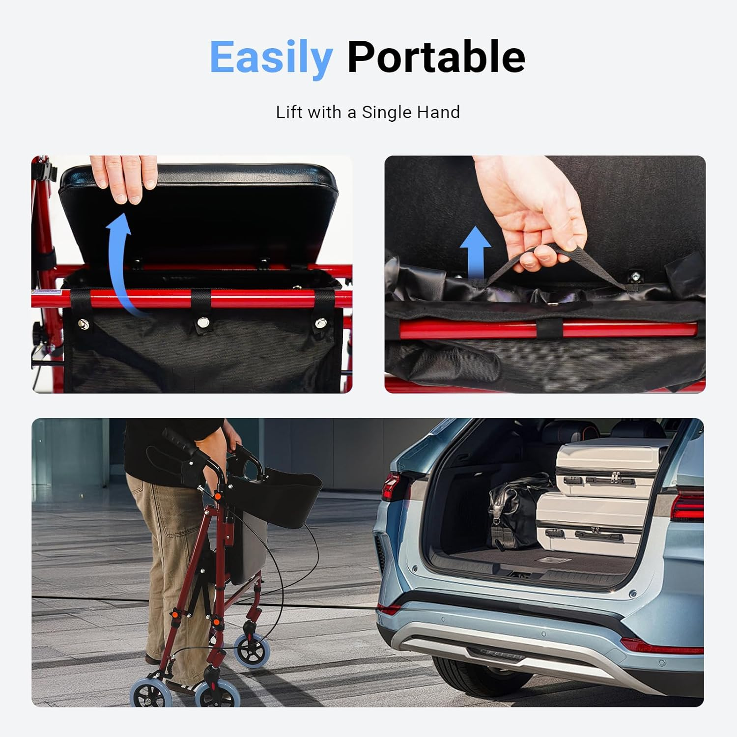 USOR Steel Rollator Walker with Seat Adjustable Handles 6&rdquo; Wheels Foldable Supports up to 140KG Medical Walker for Mobility Impaired Rollator for Seniors image number 4