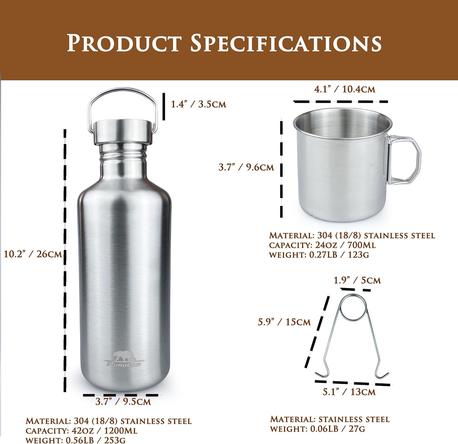 Pubgeer Canteen 42Oz Single Wall Water Bottle with 24Oz Nested Camping Cup and Carrier Bag, Stainless Steel, Bushcraft Gear, Wide Mouth Water Bottle, Survival Gear, Water Boiler, Self Reliance image number 1