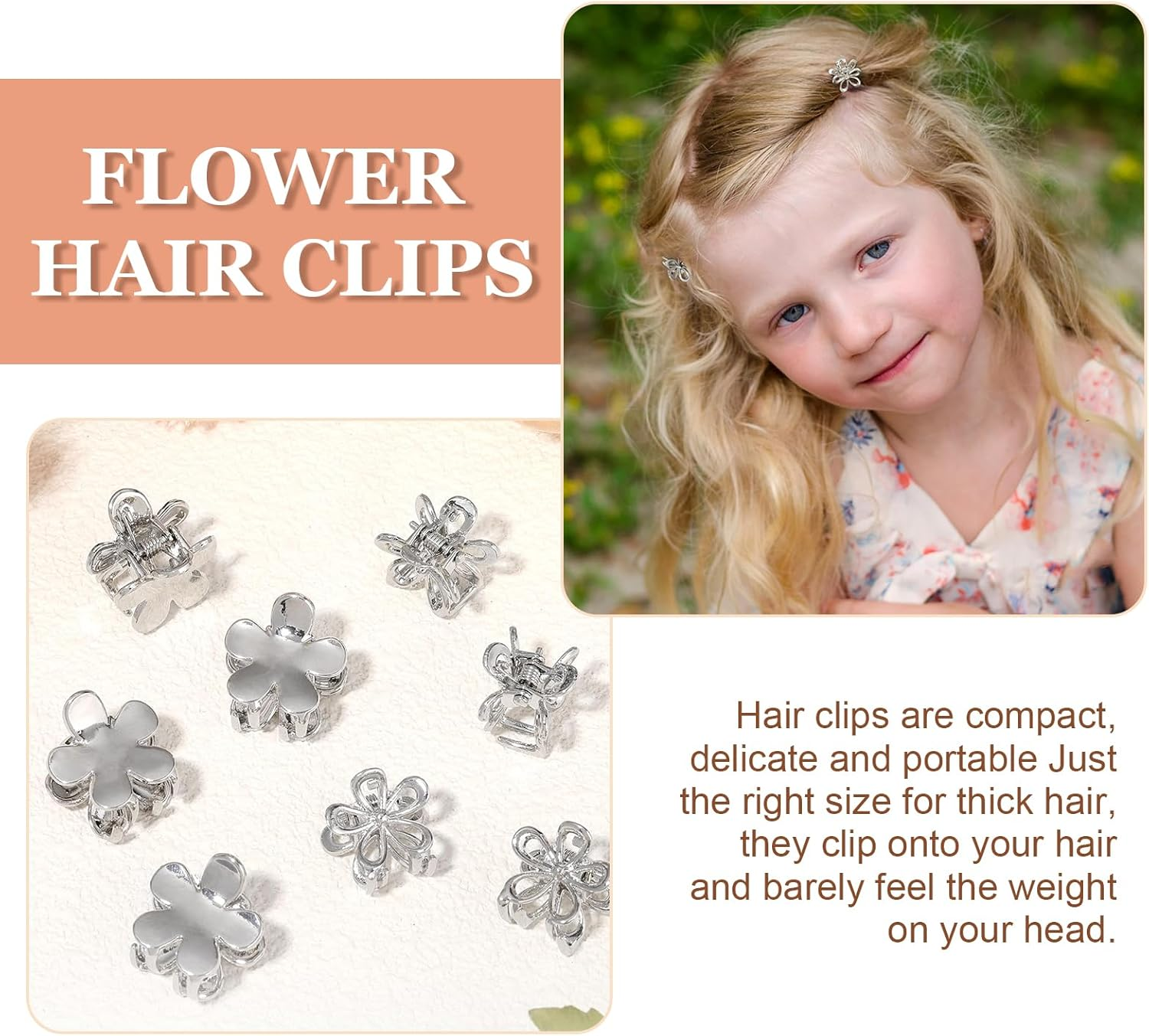 Mitdir Small Metal Hair Claw Clips, 12 Pieces Silver Mini Hair Clips, Non-Slip Pony Pins, Small Flowers Hair Pine Clips, Cute Tiny Hair Clips image number 3