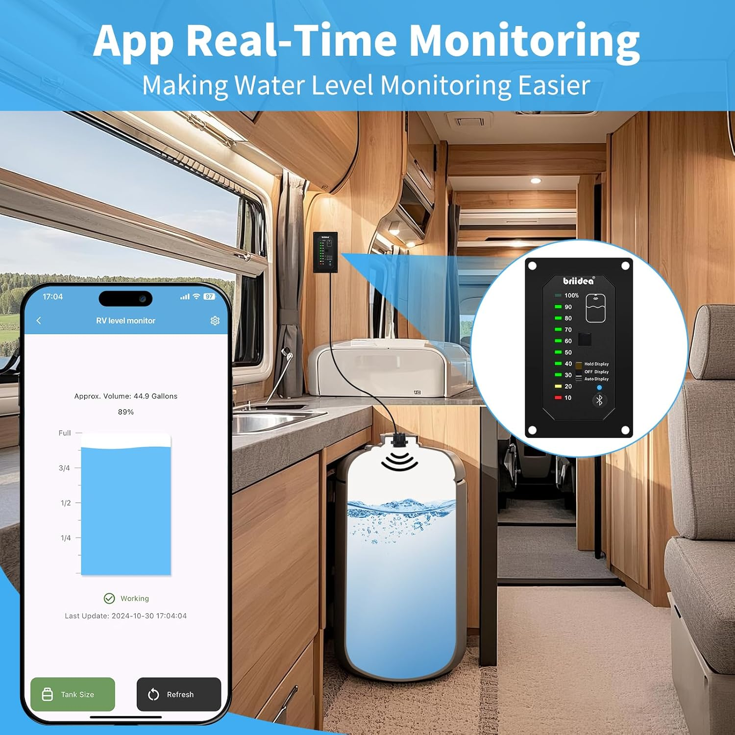 Briidea Bluetooth RV Water Tank Level Sensor Monitor Indicator with App & LED Display, Precise Detection, Auto-Sense Modes, Ensures Water Supply for Rvs, Boats, Caravans image number 2