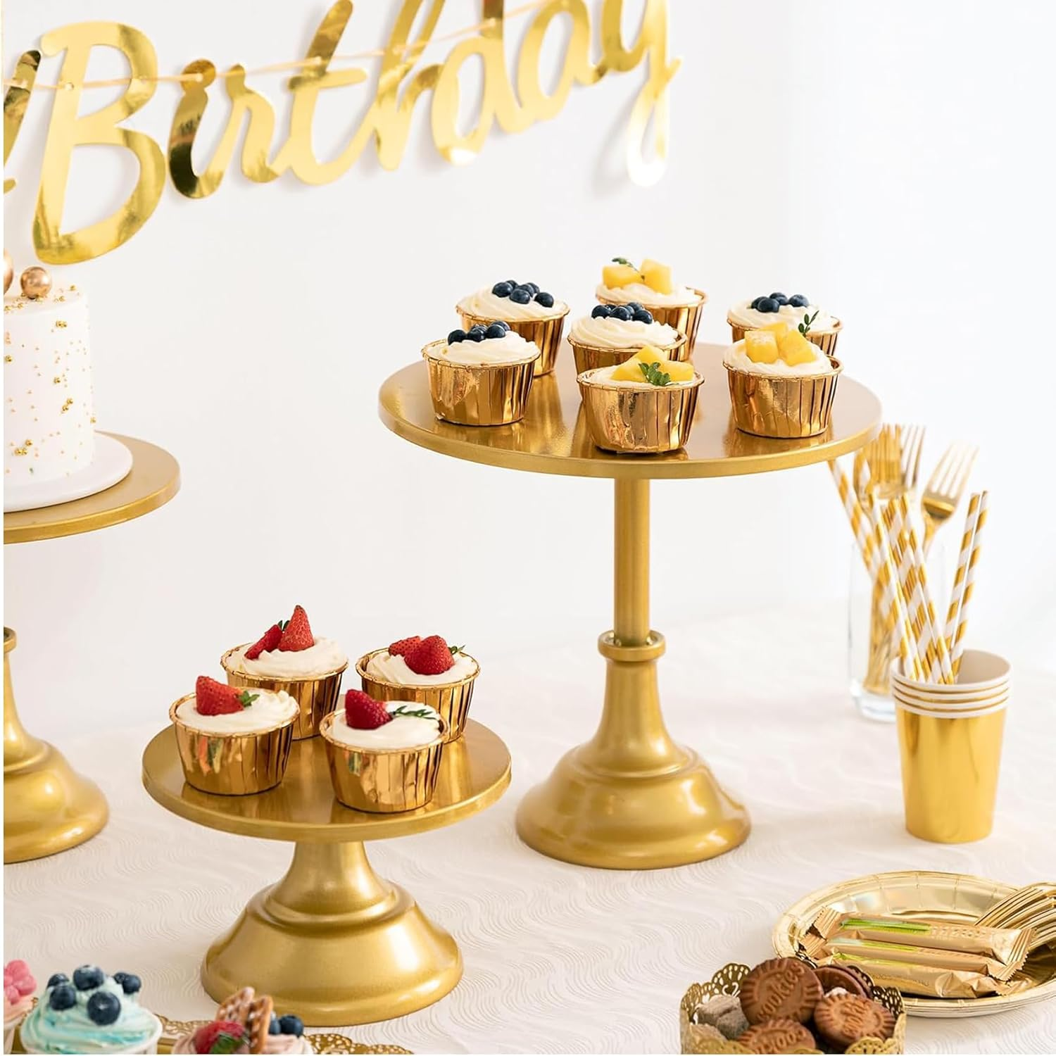 Gold Cake Metal Stands Set, round Cupcake Dessert Table Holder Platter Stand, Cake Display Serving Tower Tray for Baby Shower Wedding Birthday Party Celebration, 3Pcs Diameter 30 25 20Cm