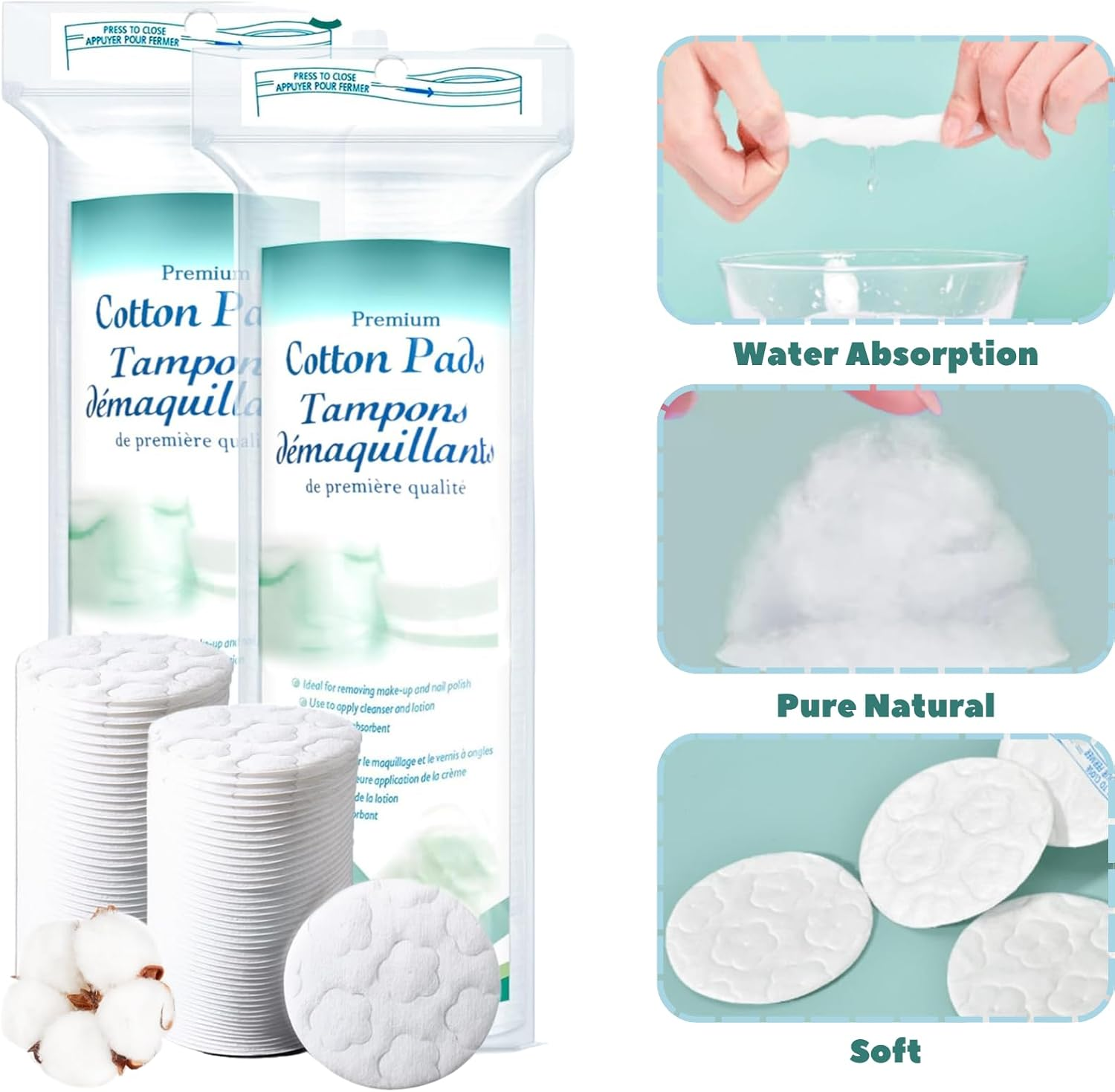300 Count Premium Cotton Rounds, Makeup Remover Pads, Pure & Natural Facial Cleansing round Pads, Lint-Free, 3 PACK