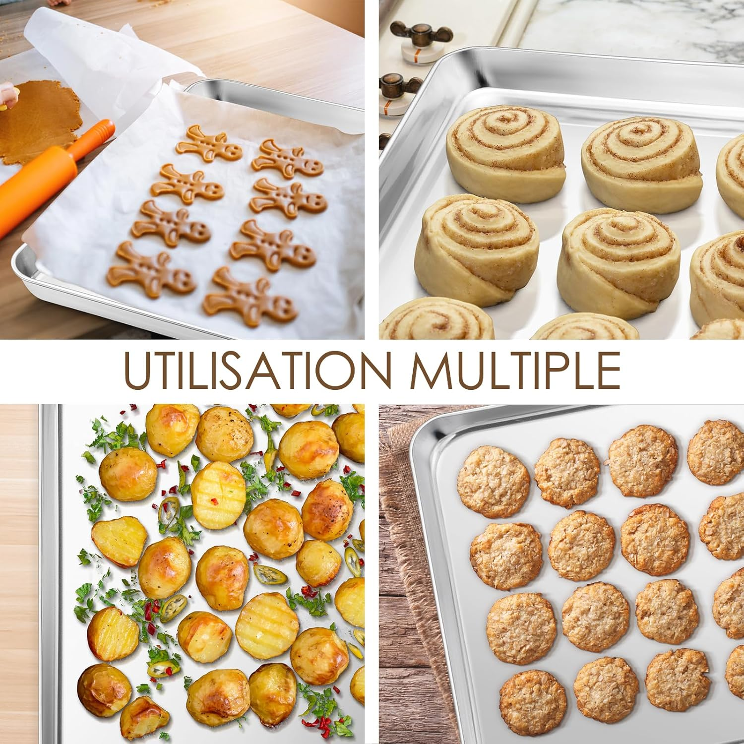 Herogo Set of 2 Stainless Steel Baking Tray (26 X 20 X 2.5 Cm), Rectangular Oven Tray, Cake Tray, Grease Pan for Baking, Cooking, Serving, Mirror Finish & Non-Toxic, Dishwasher Safe, Metal Silver image number 1