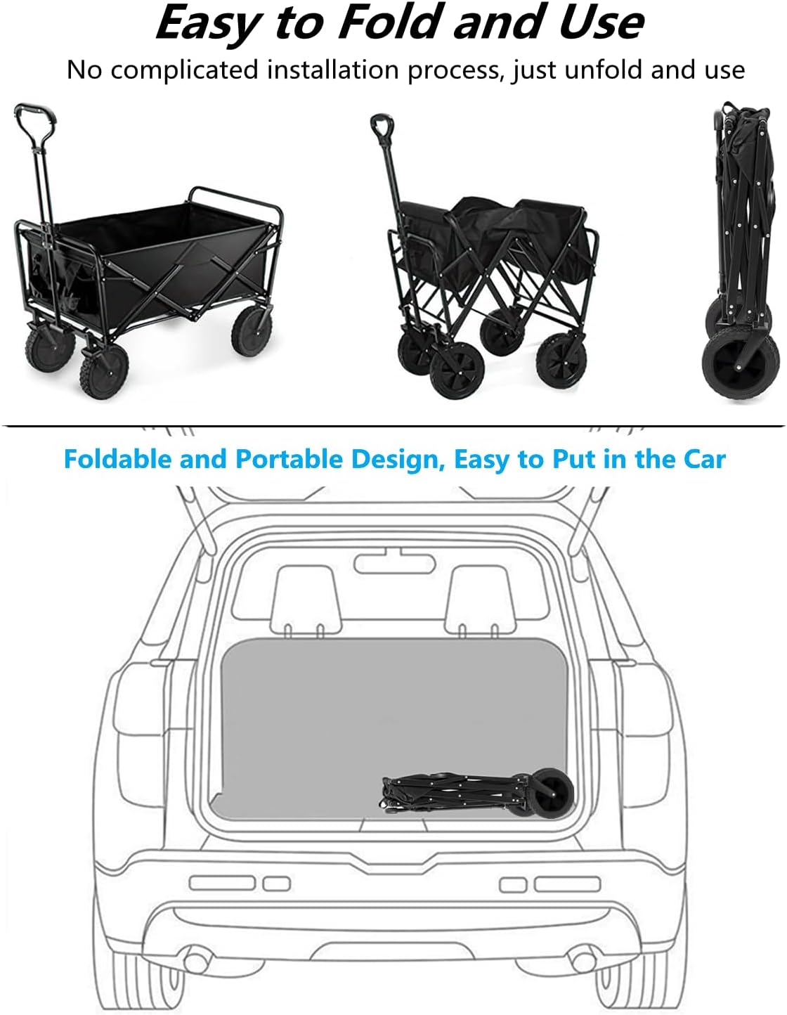 Foldable Camping Wagon Cart,Hx Dream Folding Wagon Cart,Picnic Trailer with Push Handle,Suitable for Camping, Dining, Garden and Outdoor Sports