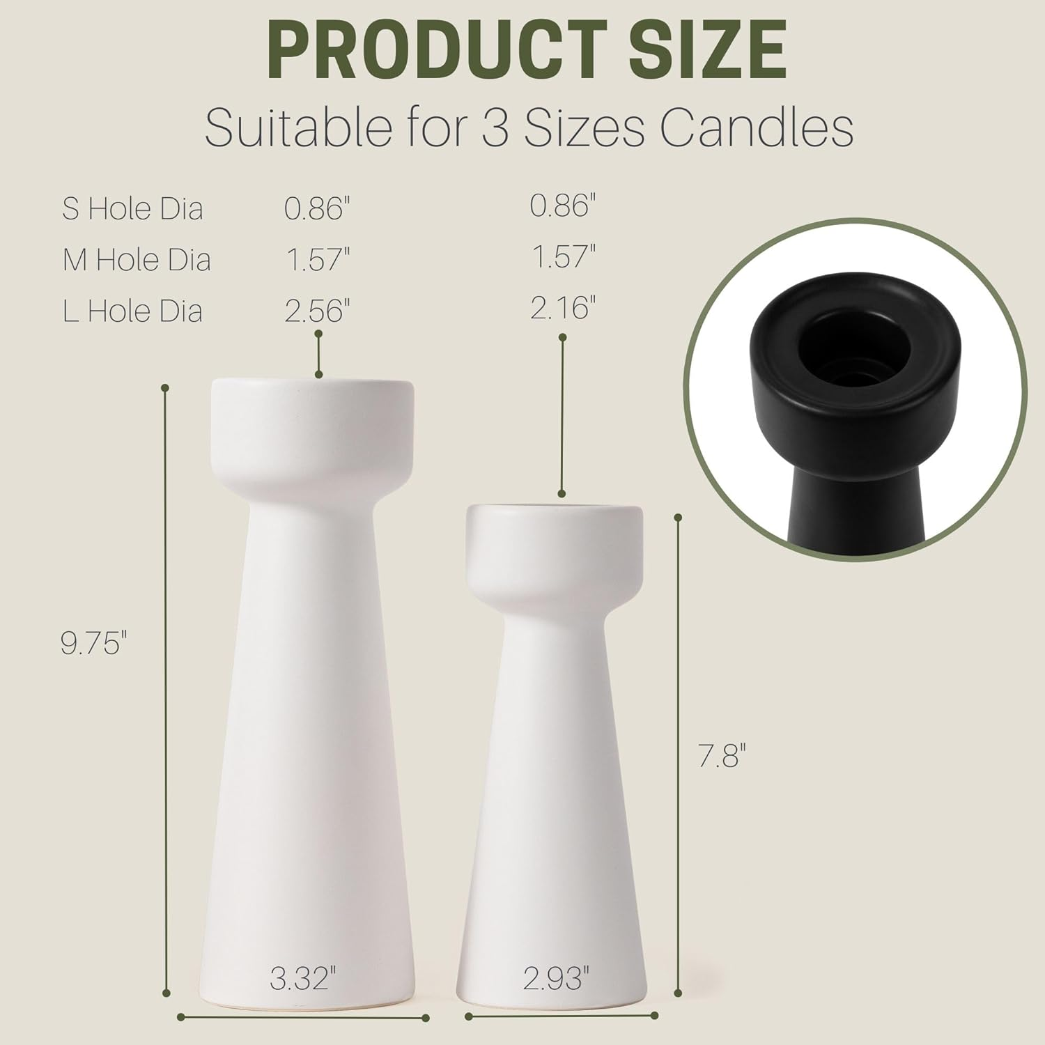 E-ROOM TREND Candle Holders Ceramic White Taper S&L Set of 2 Matte Stylish Decorative Candlestick Holders for Home Decor Dinning Wedding Party Aromatherapy Votive (CH7585W) - White image number 2