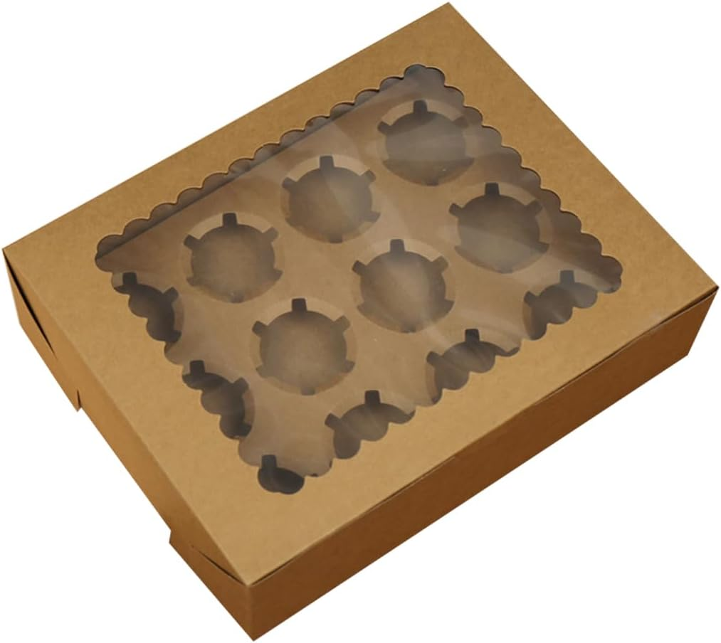 AIMALL 25Pcs Kraft Paper Cupcake Boxes with Window, 1/2/4/6/8/12 Cupcake Capacity, Maffen Packing Box for Desserts